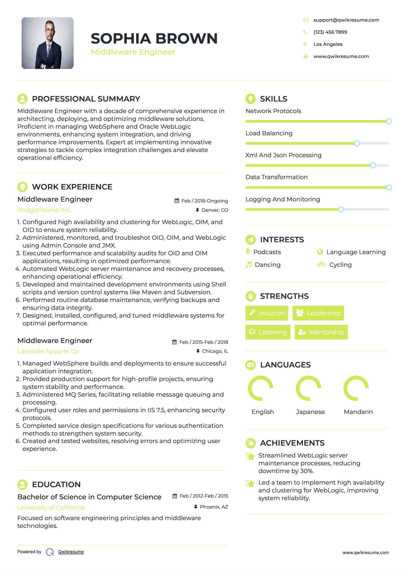 Middleware Engineer Resume Example