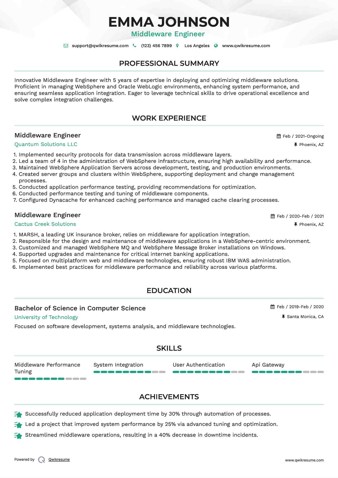 Middleware Engineer  Resume Format