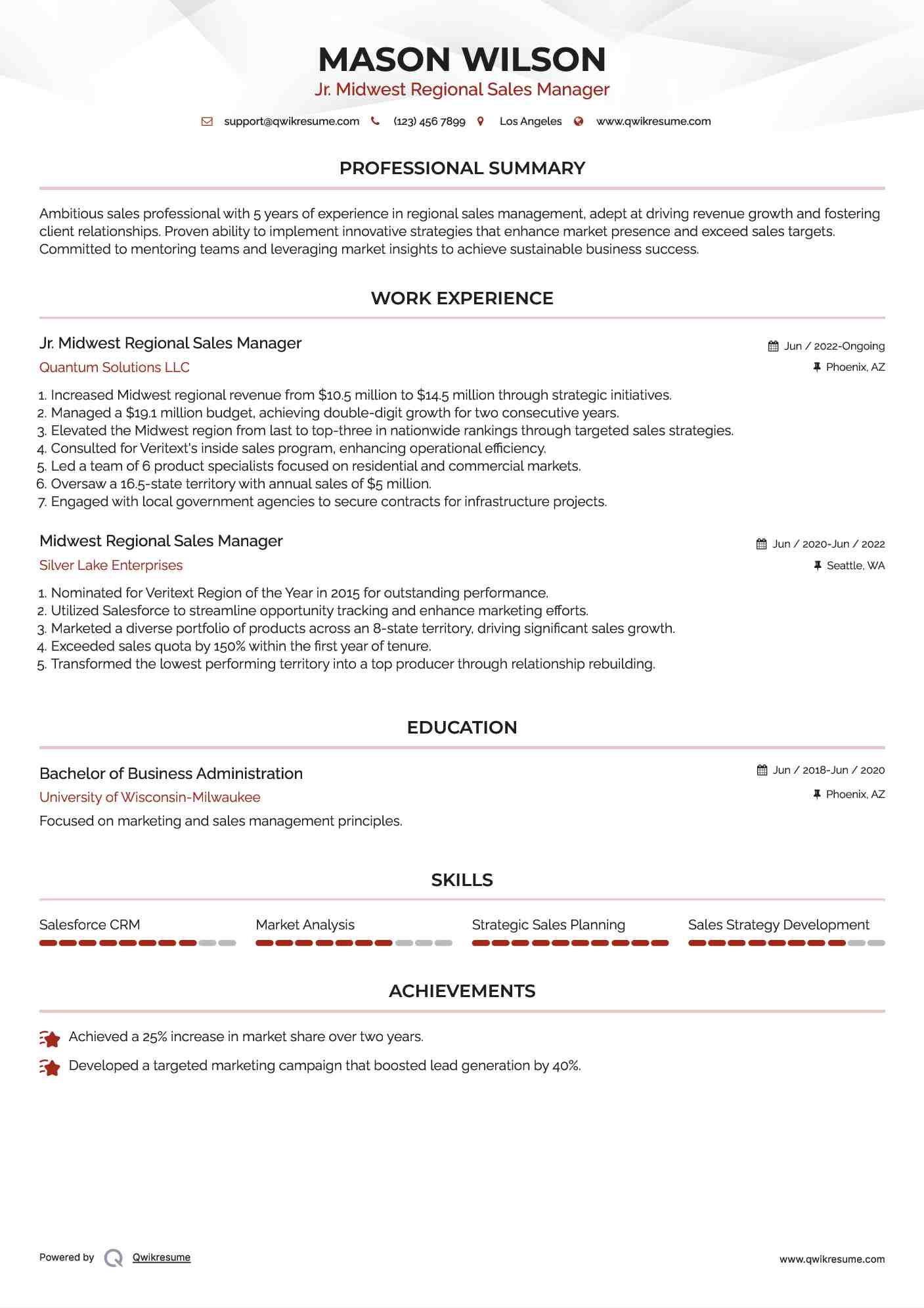 Jr. Midwest Regional Sales Manager Resume Sample