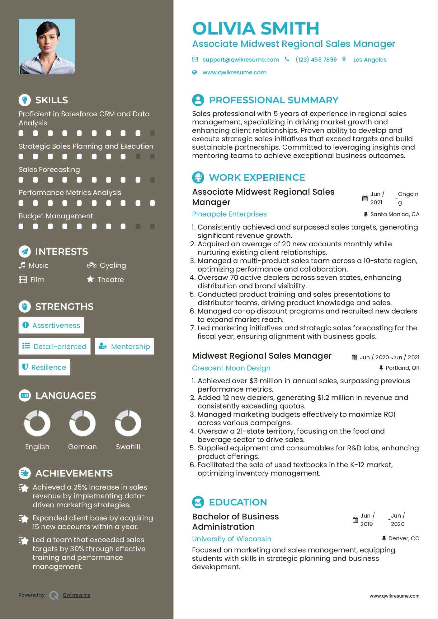 Associate Midwest Regional Sales Manager Resume Example