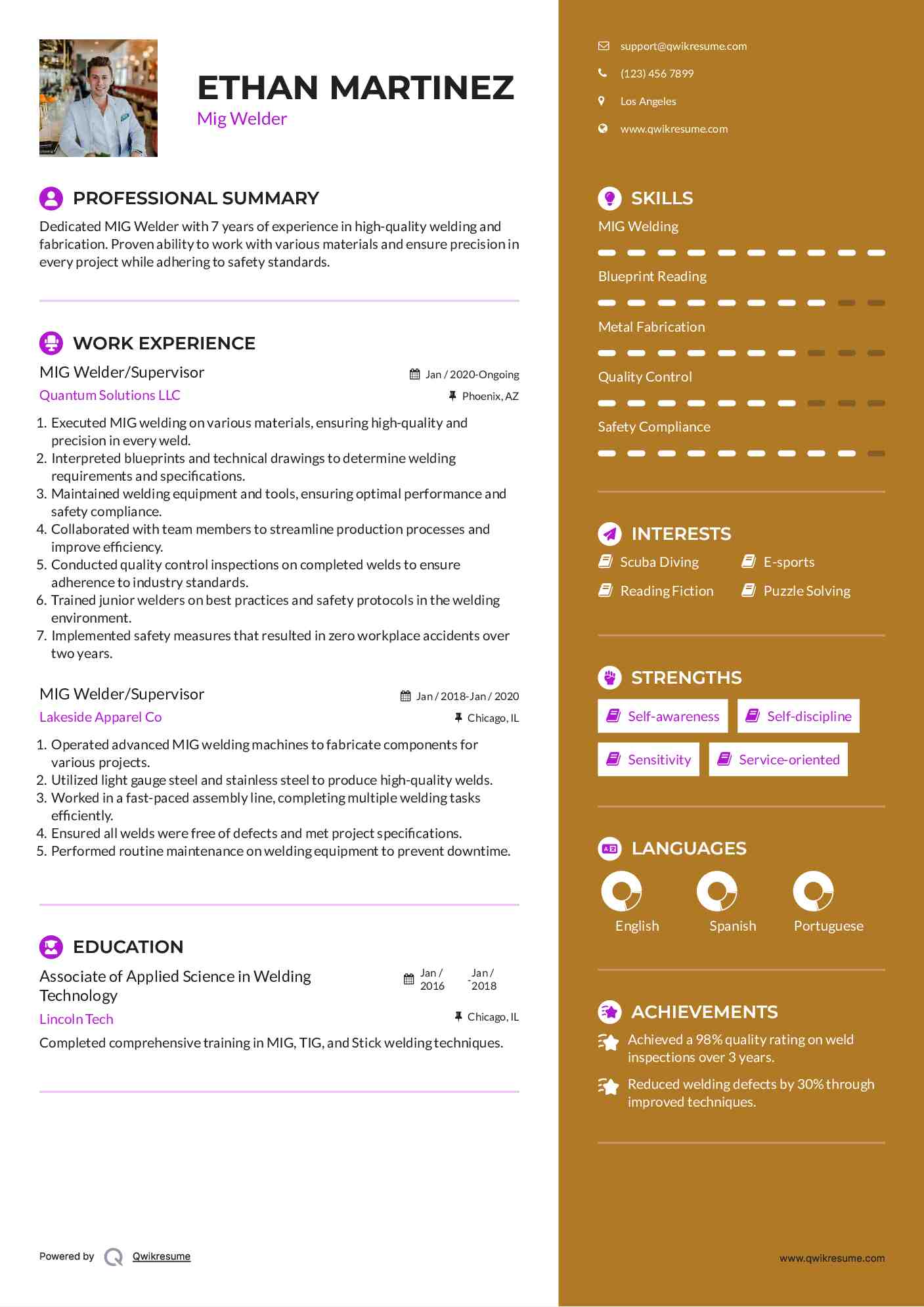 MIG Welder/Supervisor Resume Example