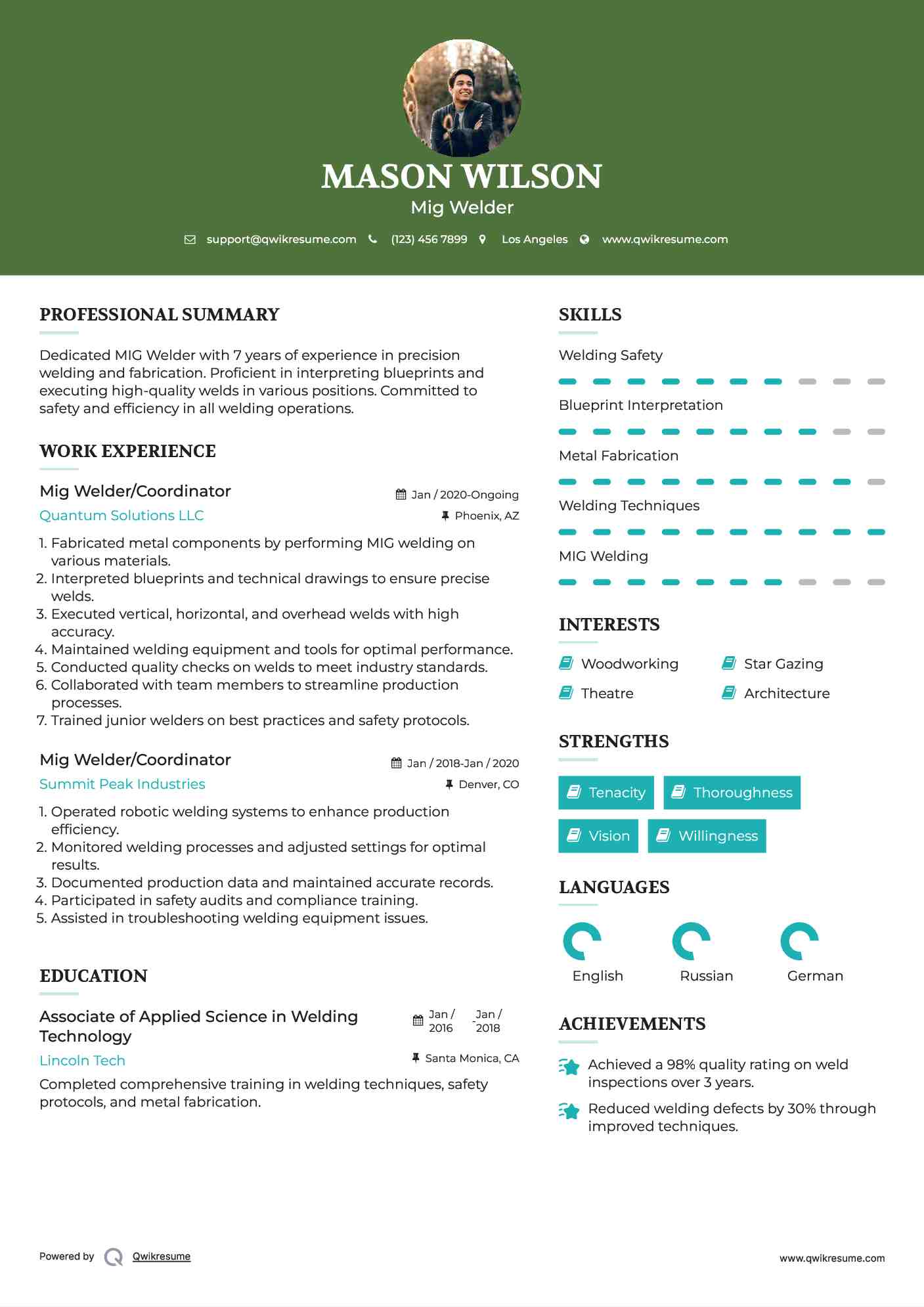 Mig Welder/Coordinator Resume Sample