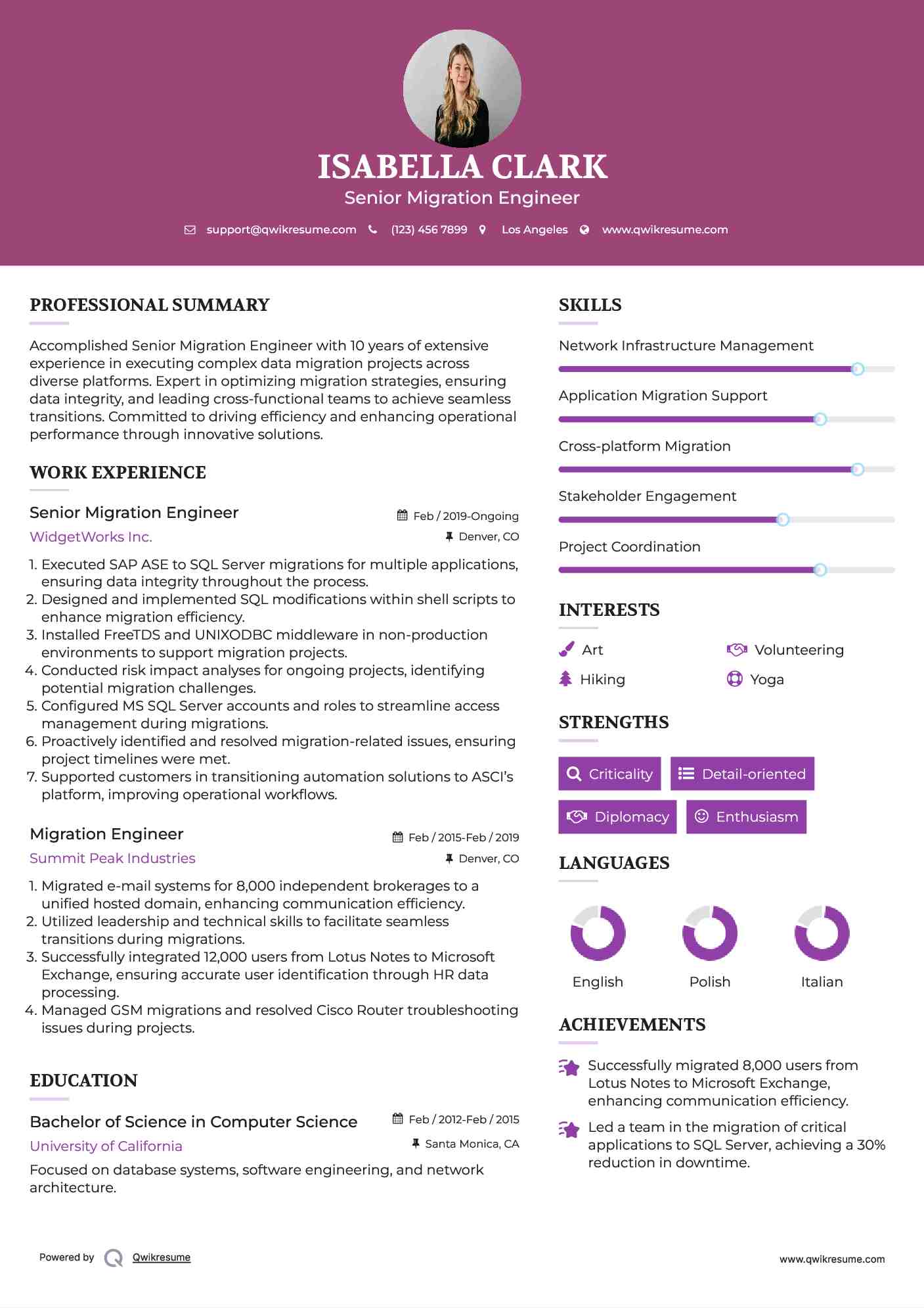 Senior Migration Engineer Resume Sample