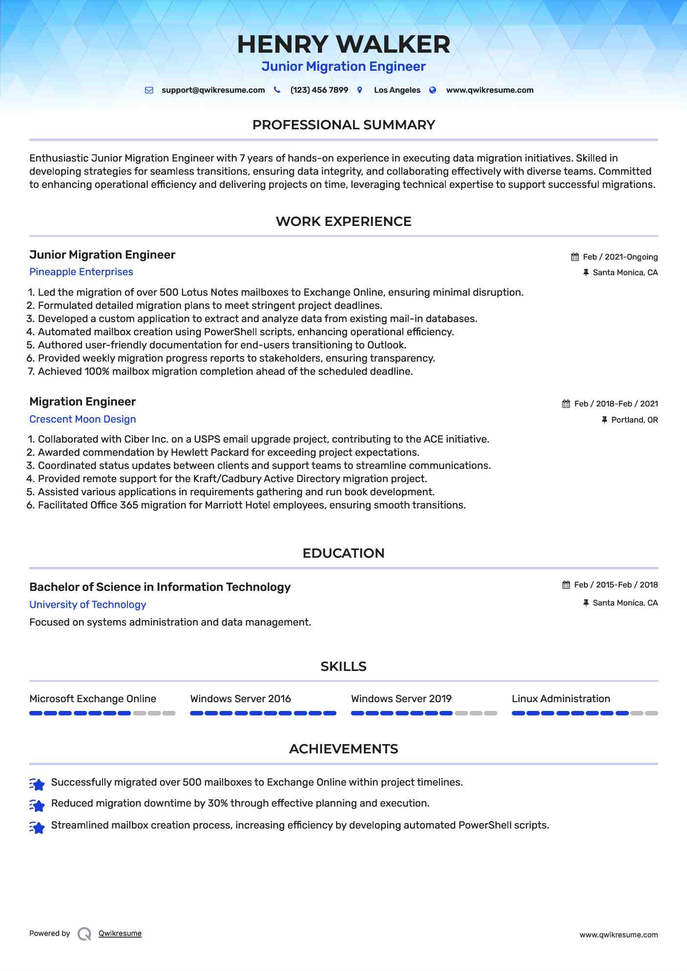 Junior Migration Engineer Resume Model