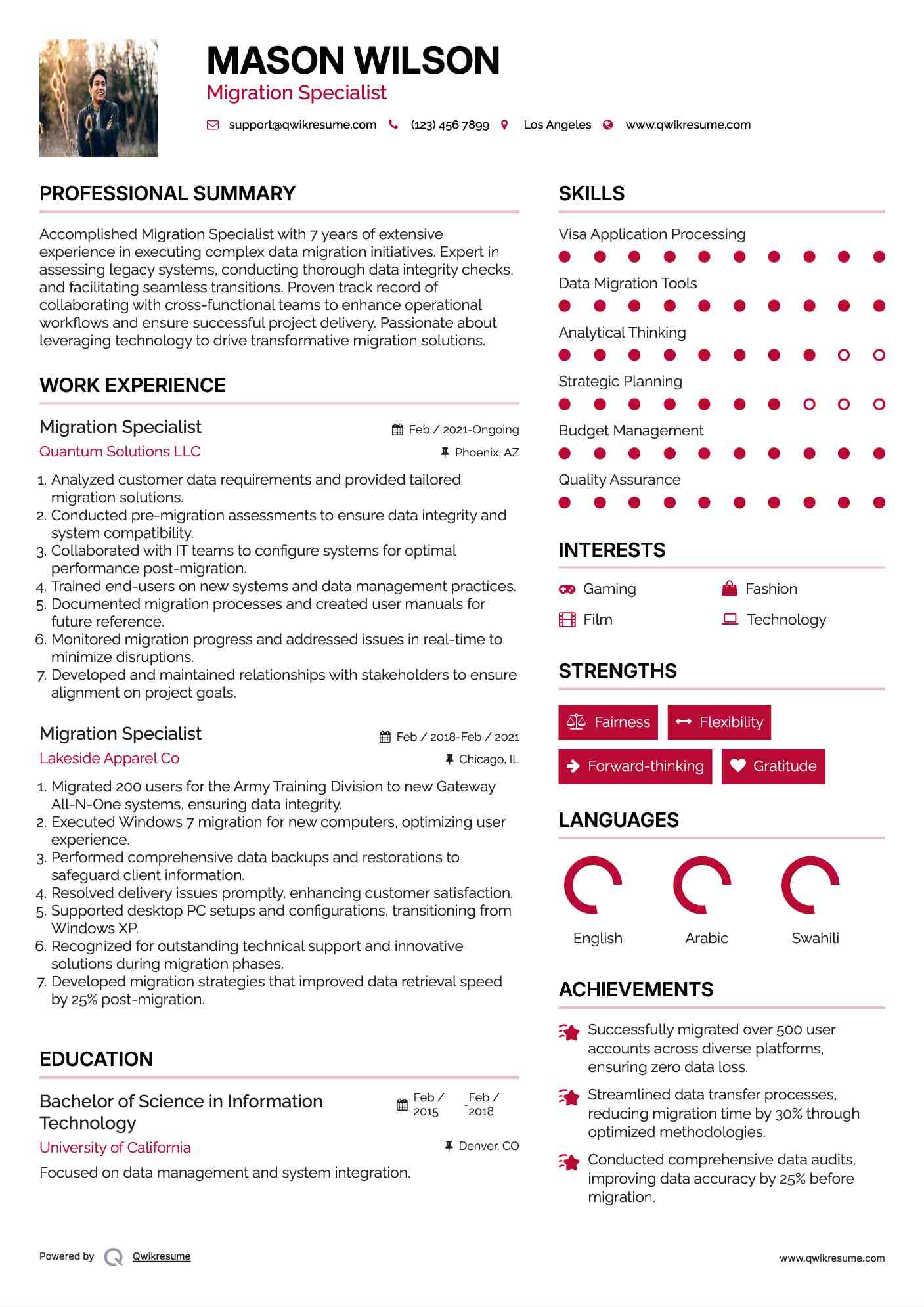 Migration Specialist Resume Sample