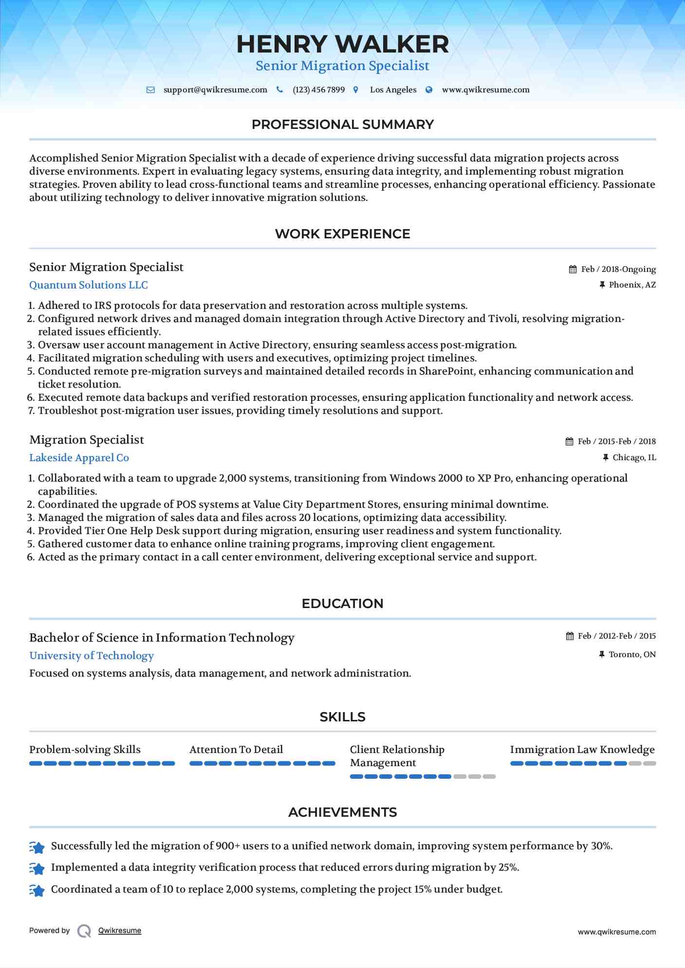 Senior Migration Specialist Resume Template