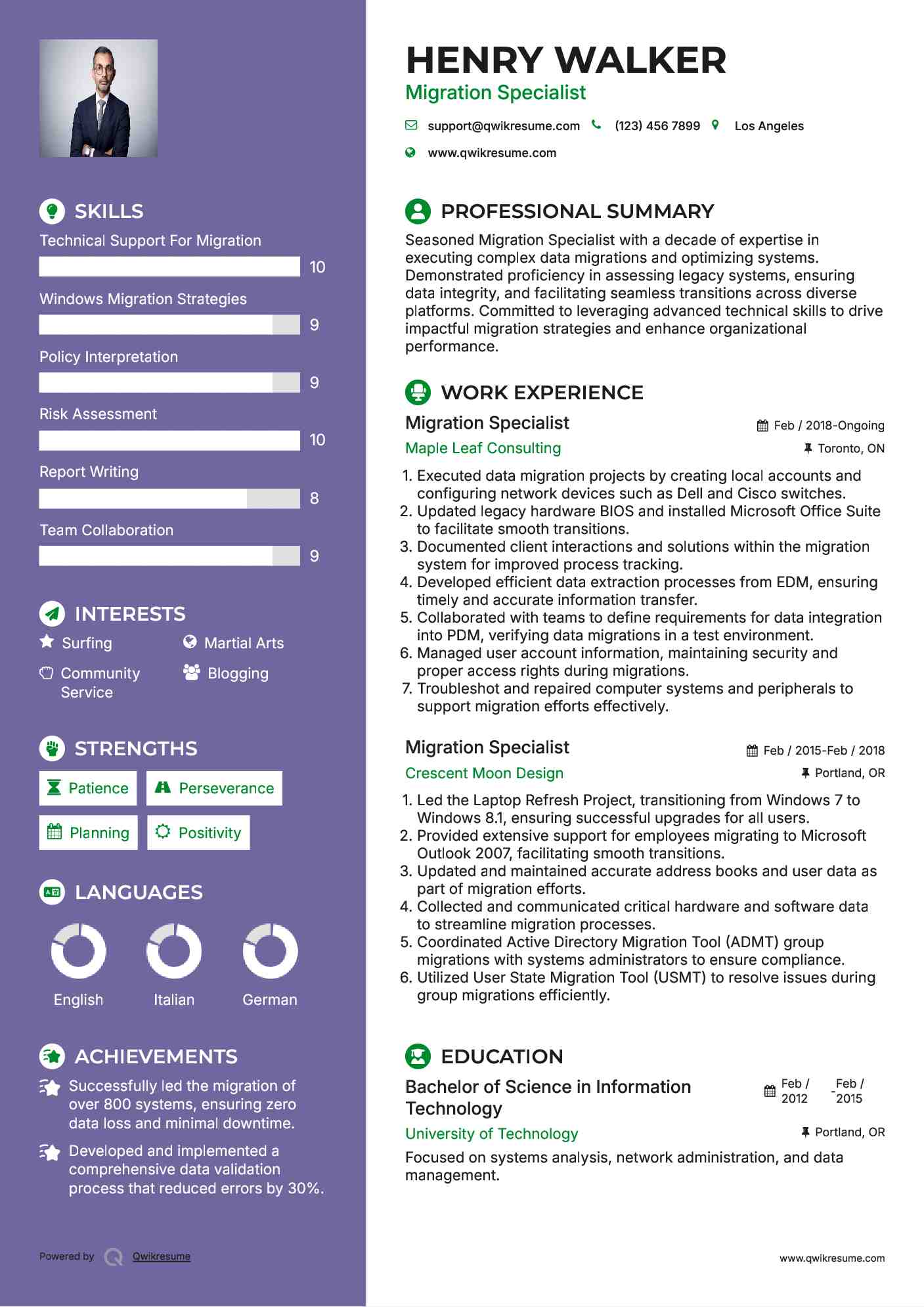 Migration Specialist Resume Sample