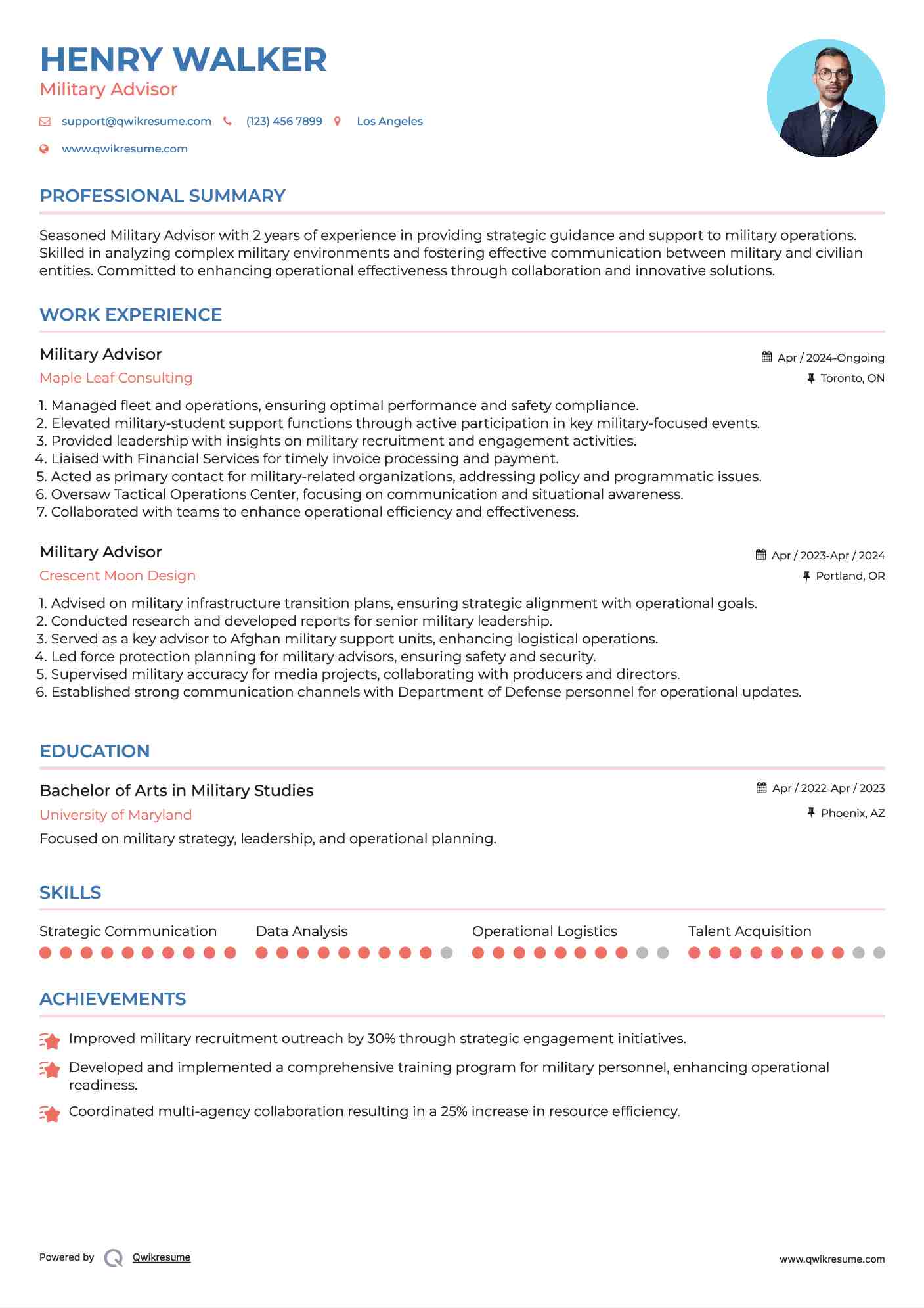 Military Advisor Resume Example
