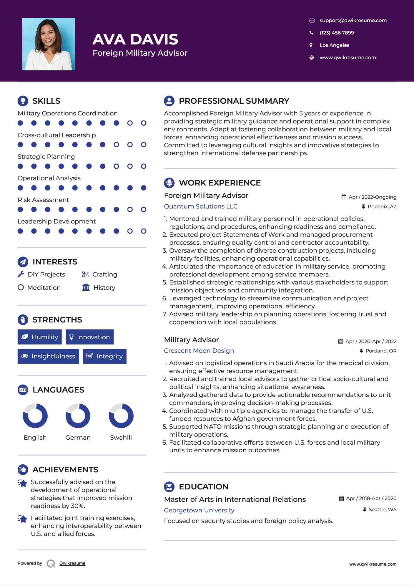 Foreign Military Advisor Resume Sample
