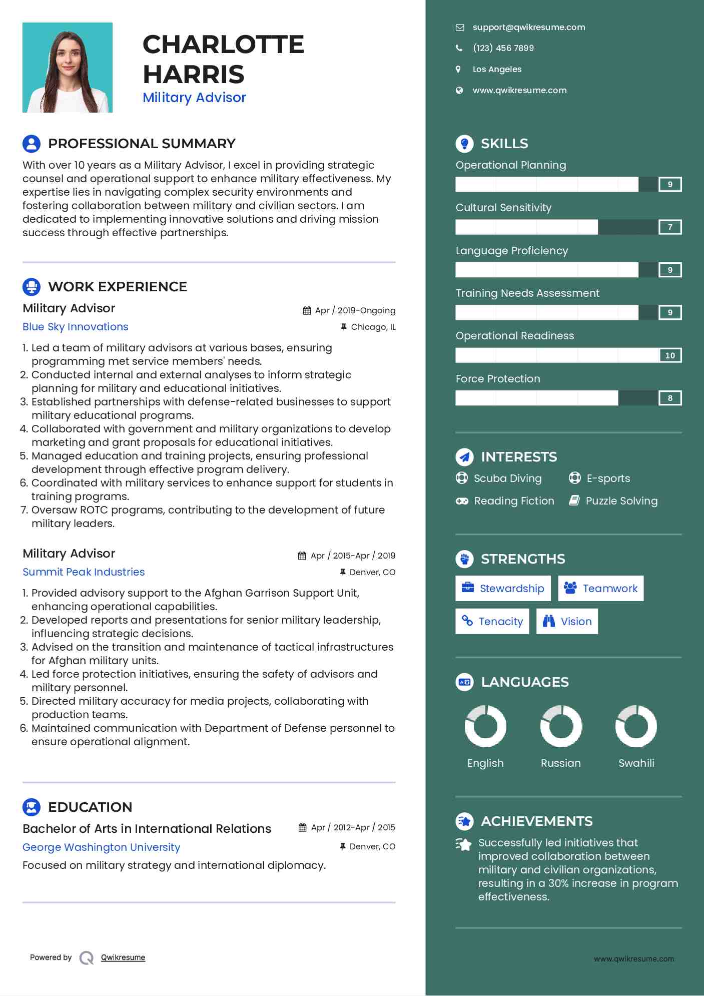 Military Advisor Resume Sample