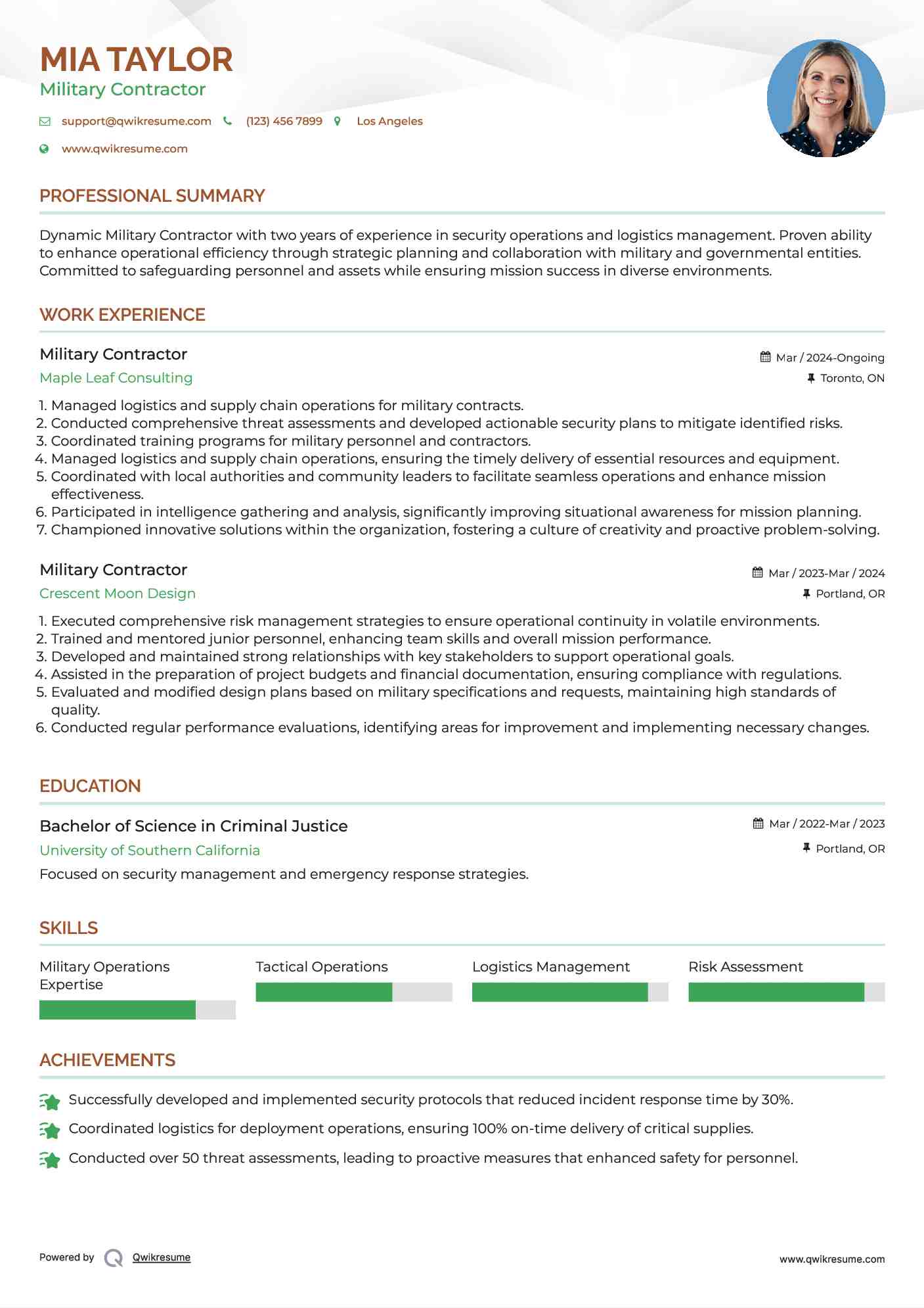 Military Contractor Resume Sample