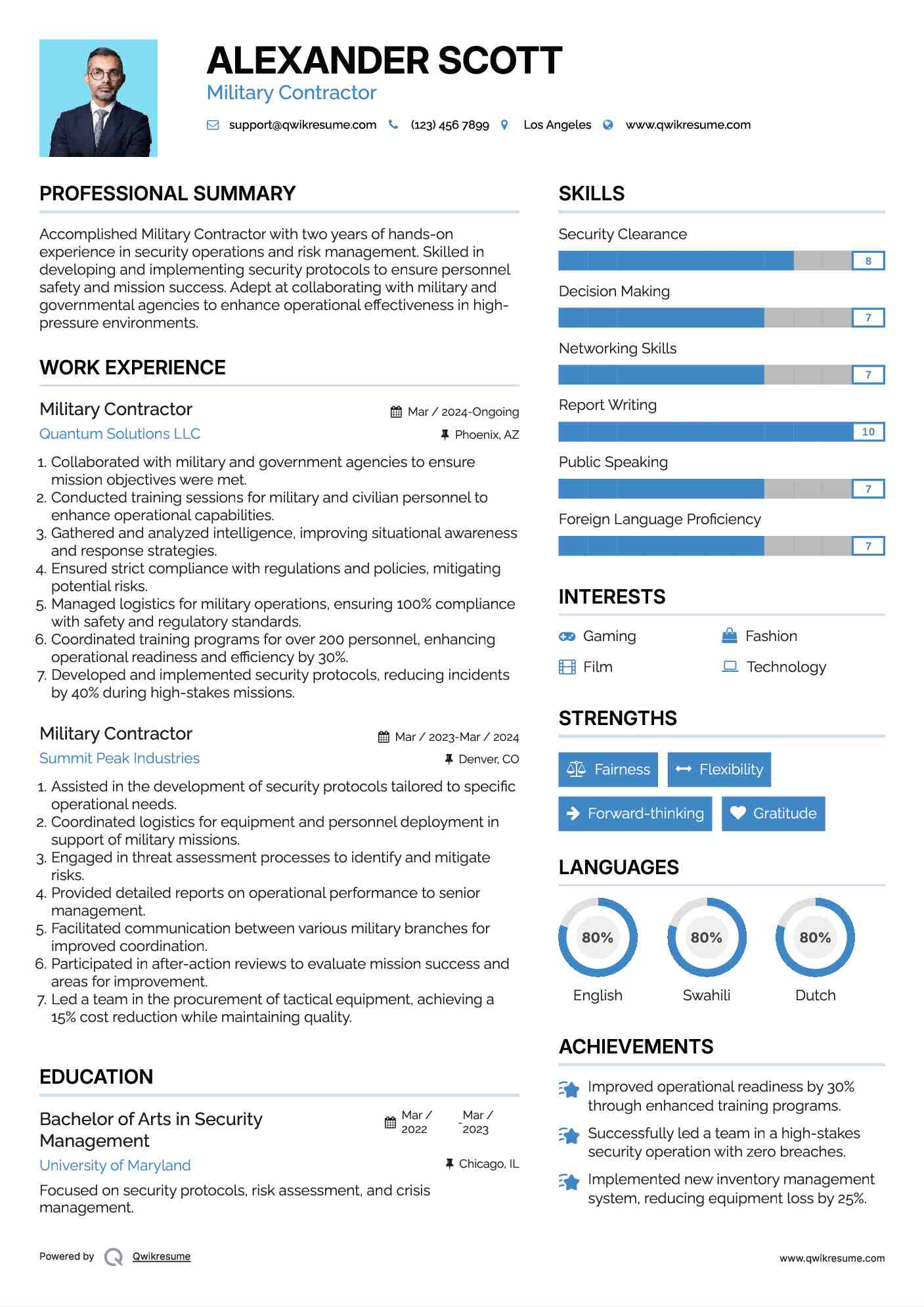 Military Contractor Resume Sample
