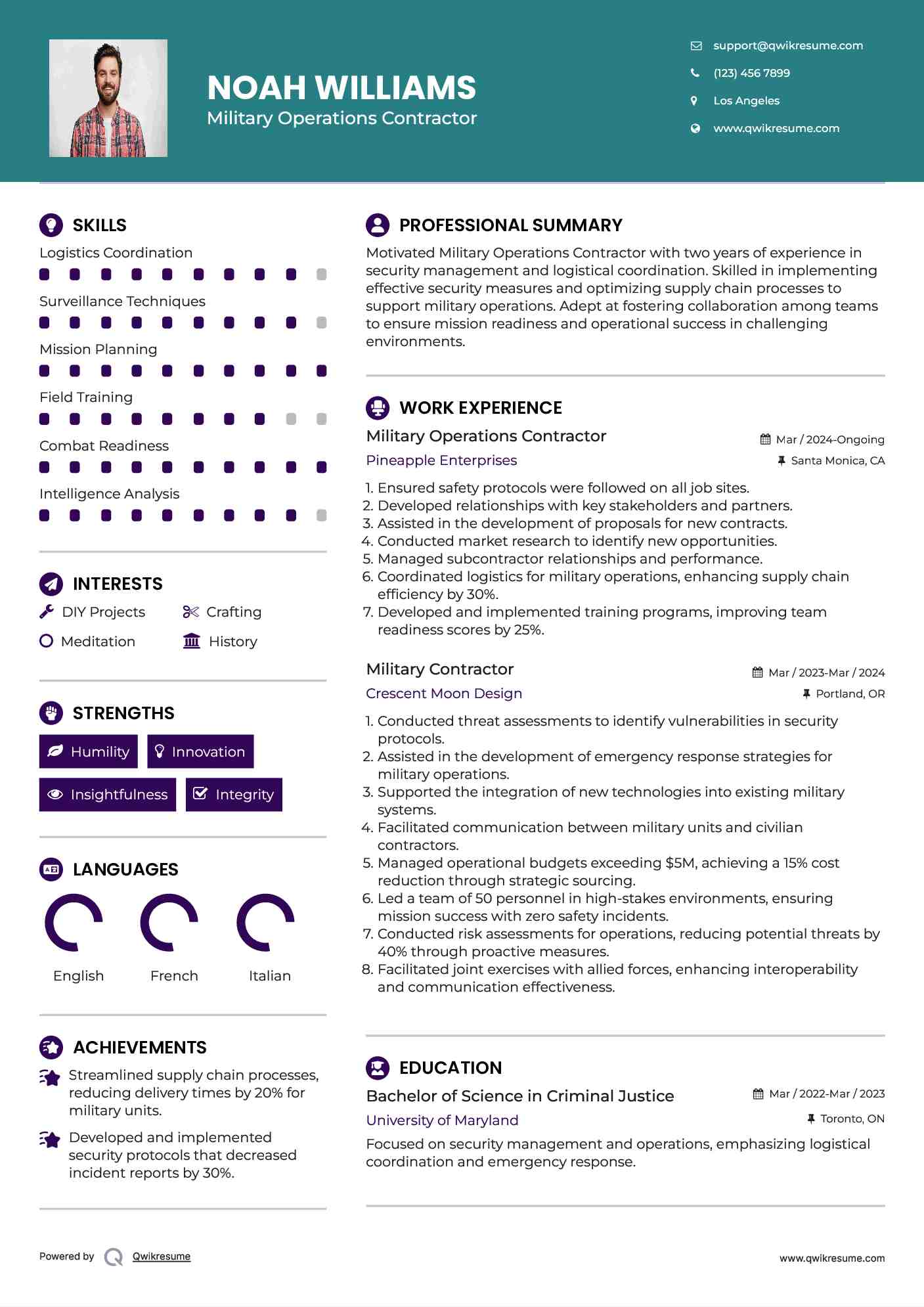 Military Operations Contractor Resume Model