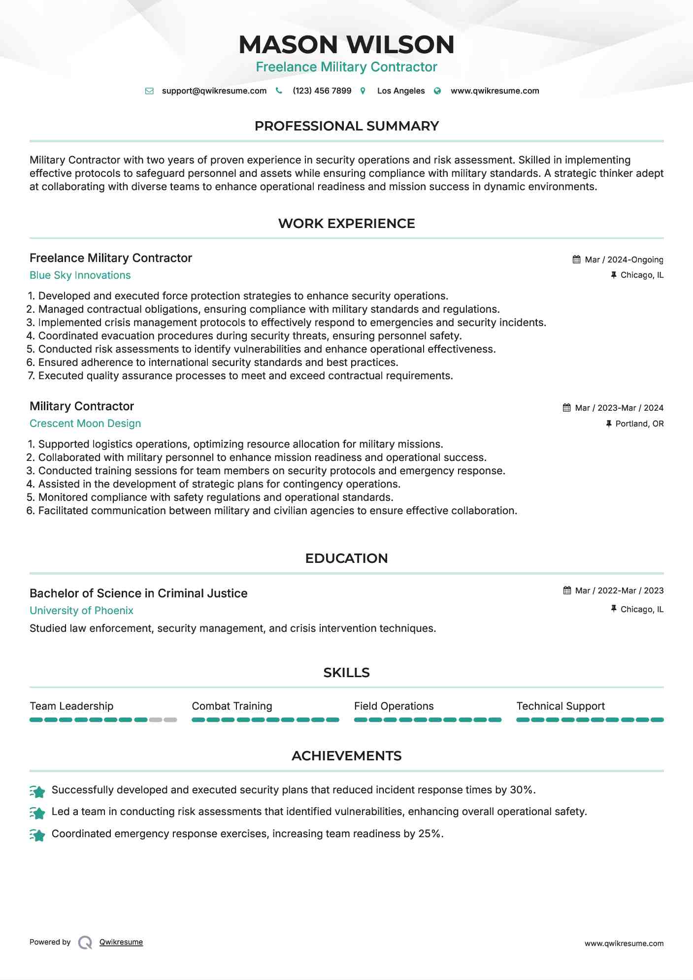Freelance Military Contractor Resume Model