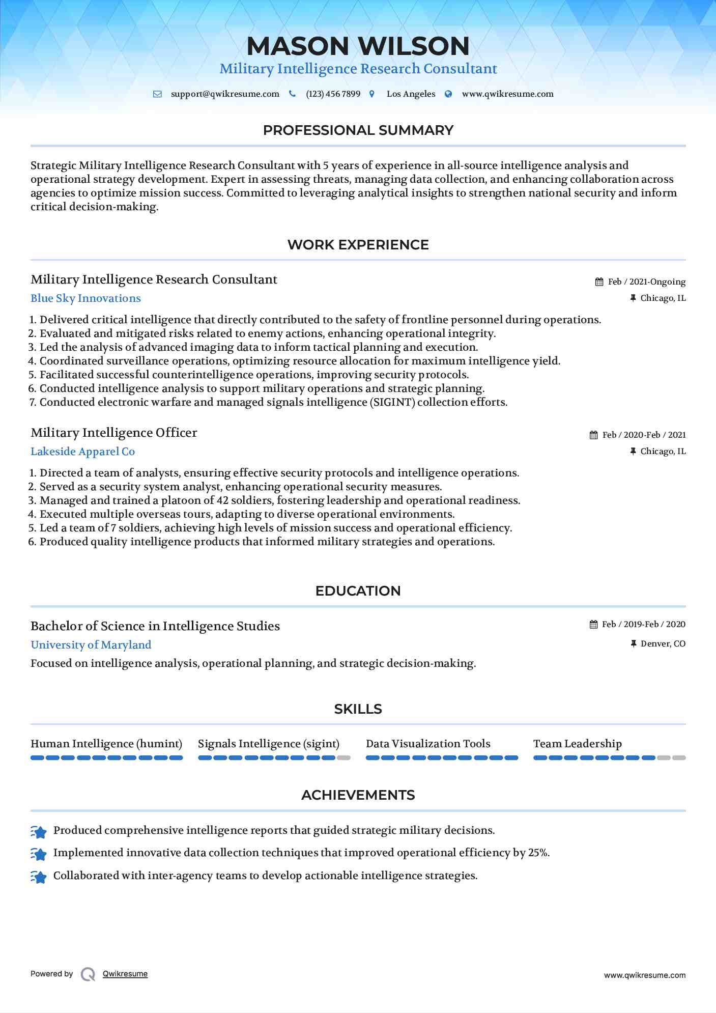 Military Intelligence Research Consultant Resume Sample