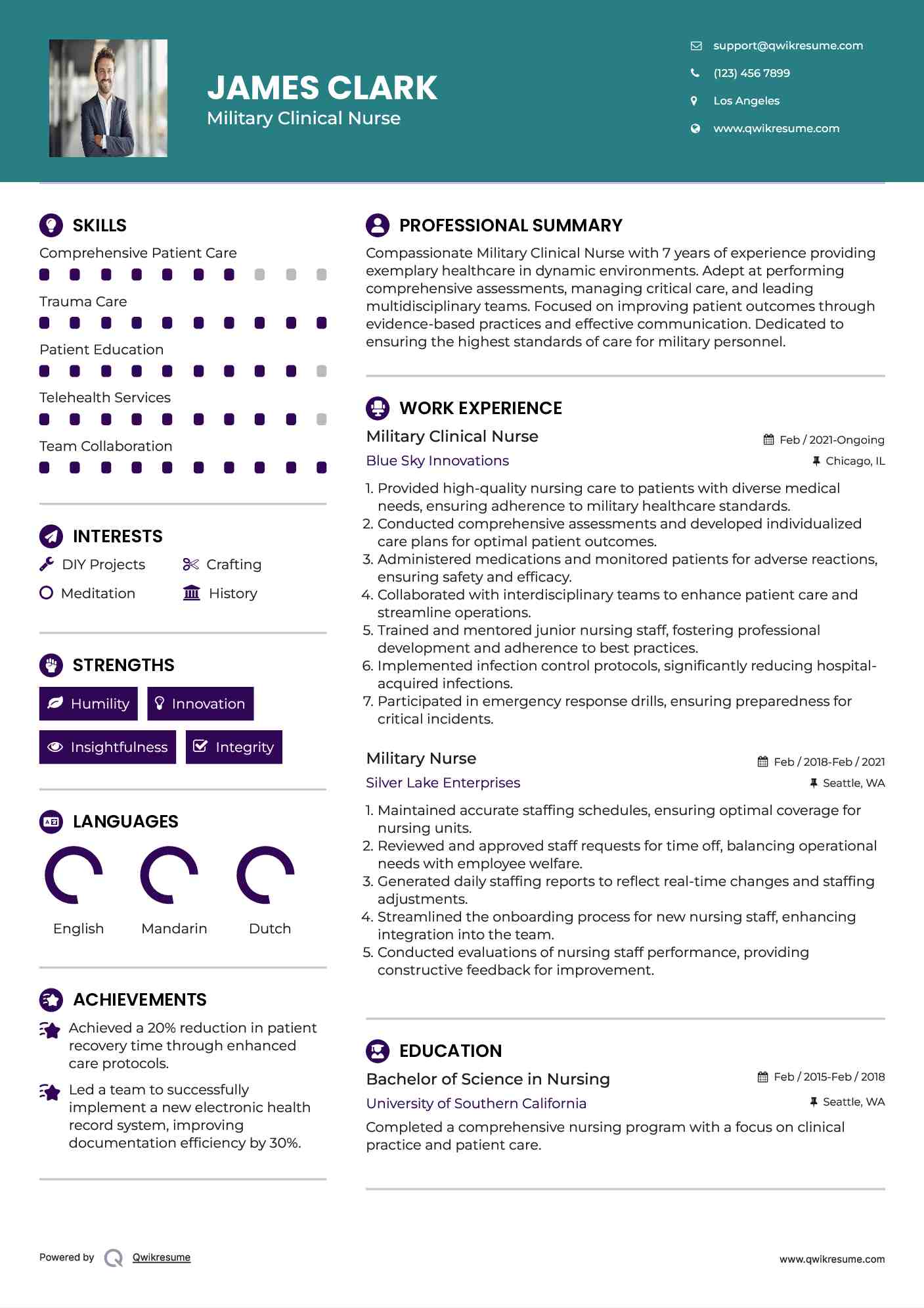 Military Clinical Nurse Resume Model