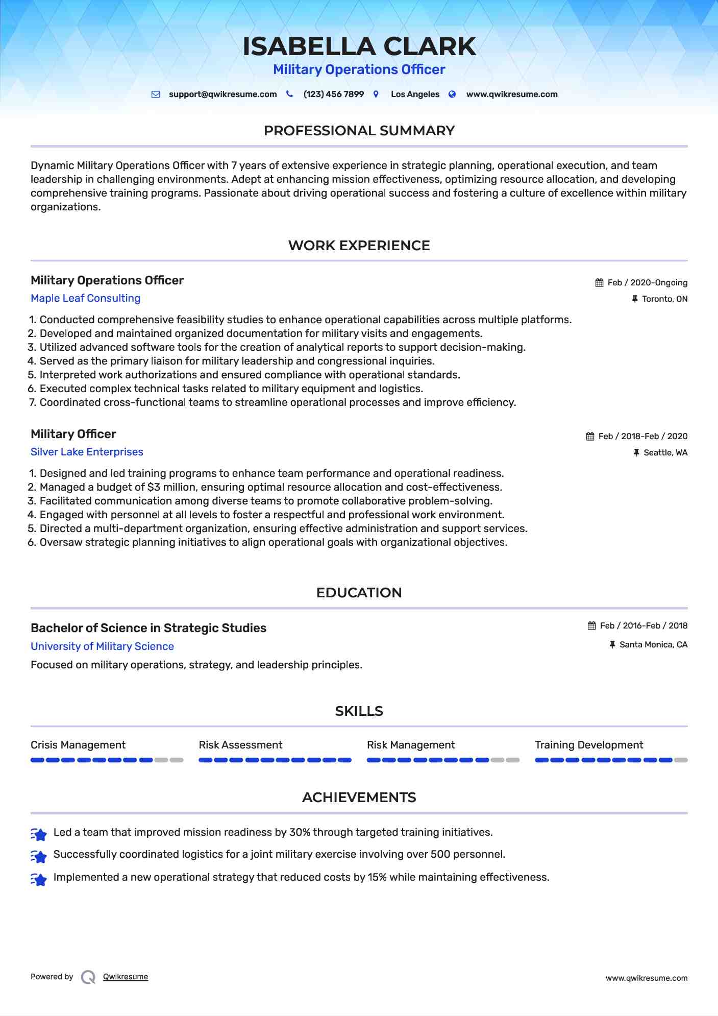 Military Operations Officer Resume Template