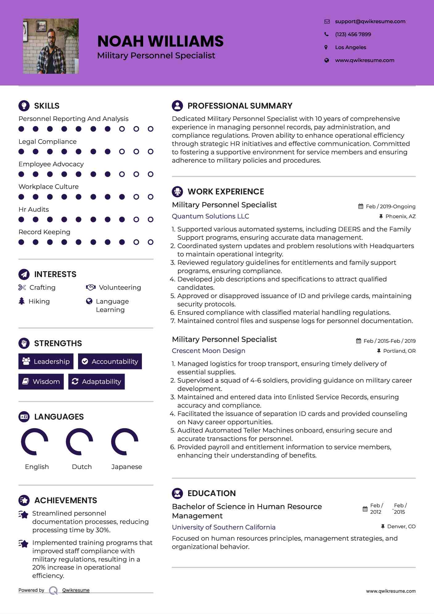 Military Personnel Specialist Resume Sample