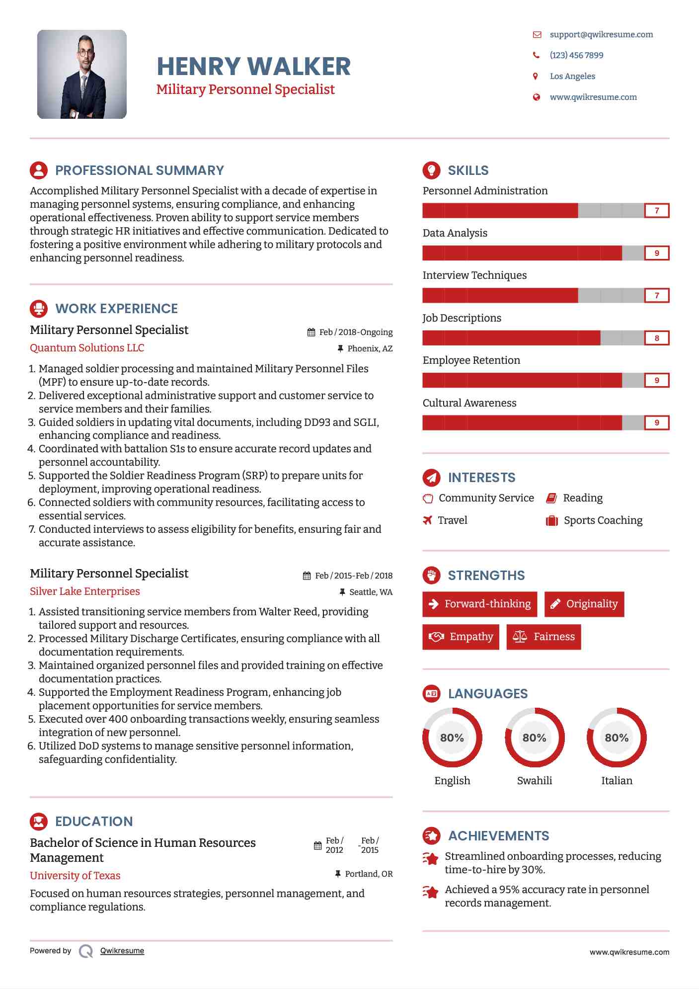 Military Personnel Specialist Resume Sample