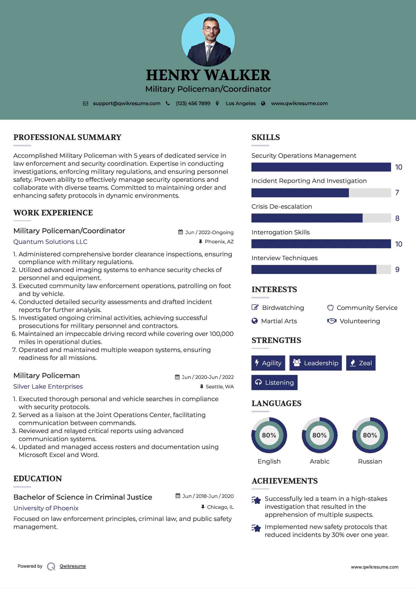 Military Policeman/Coordinator Resume Sample