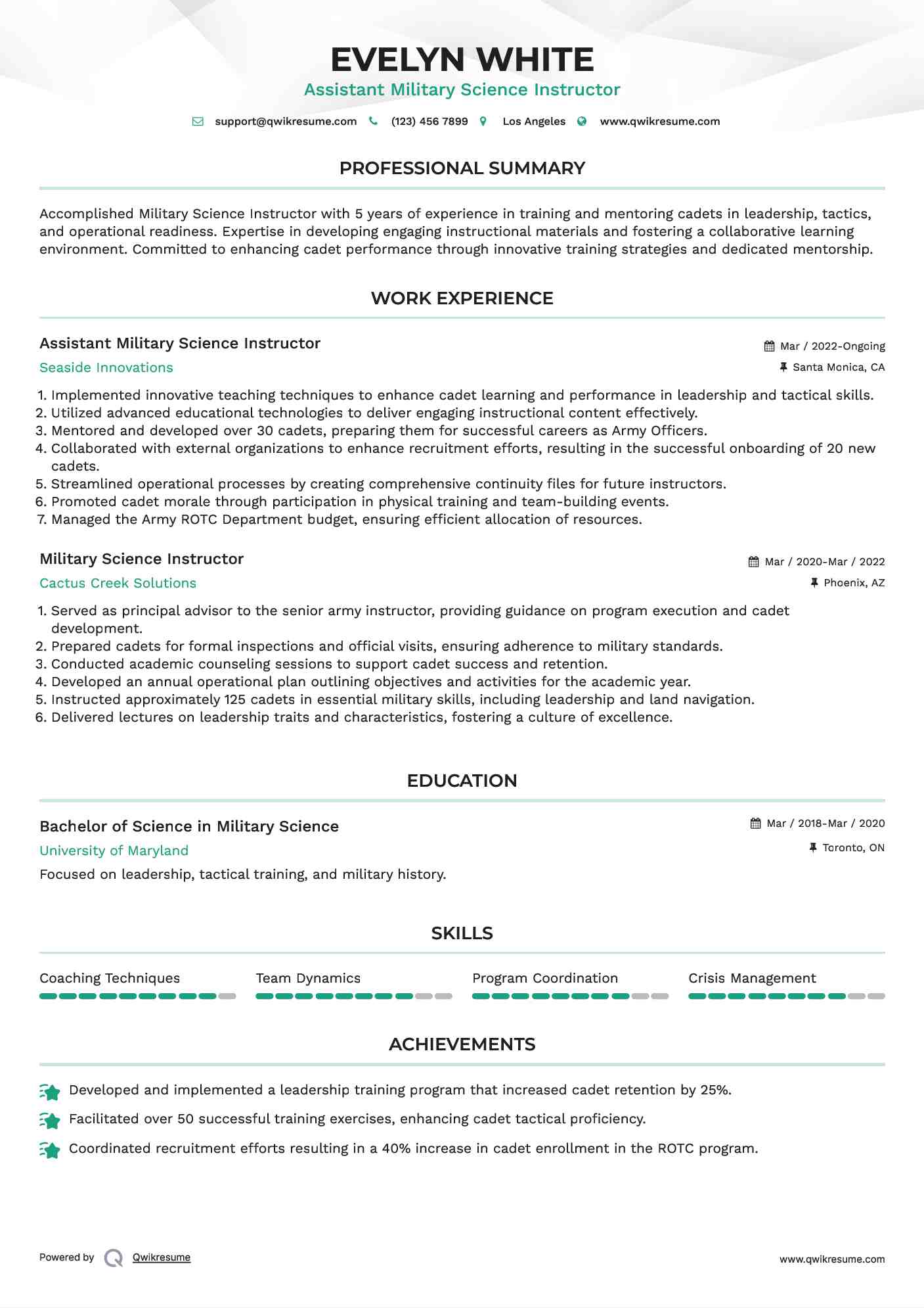 Assistant Military Science Instructor Resume Format