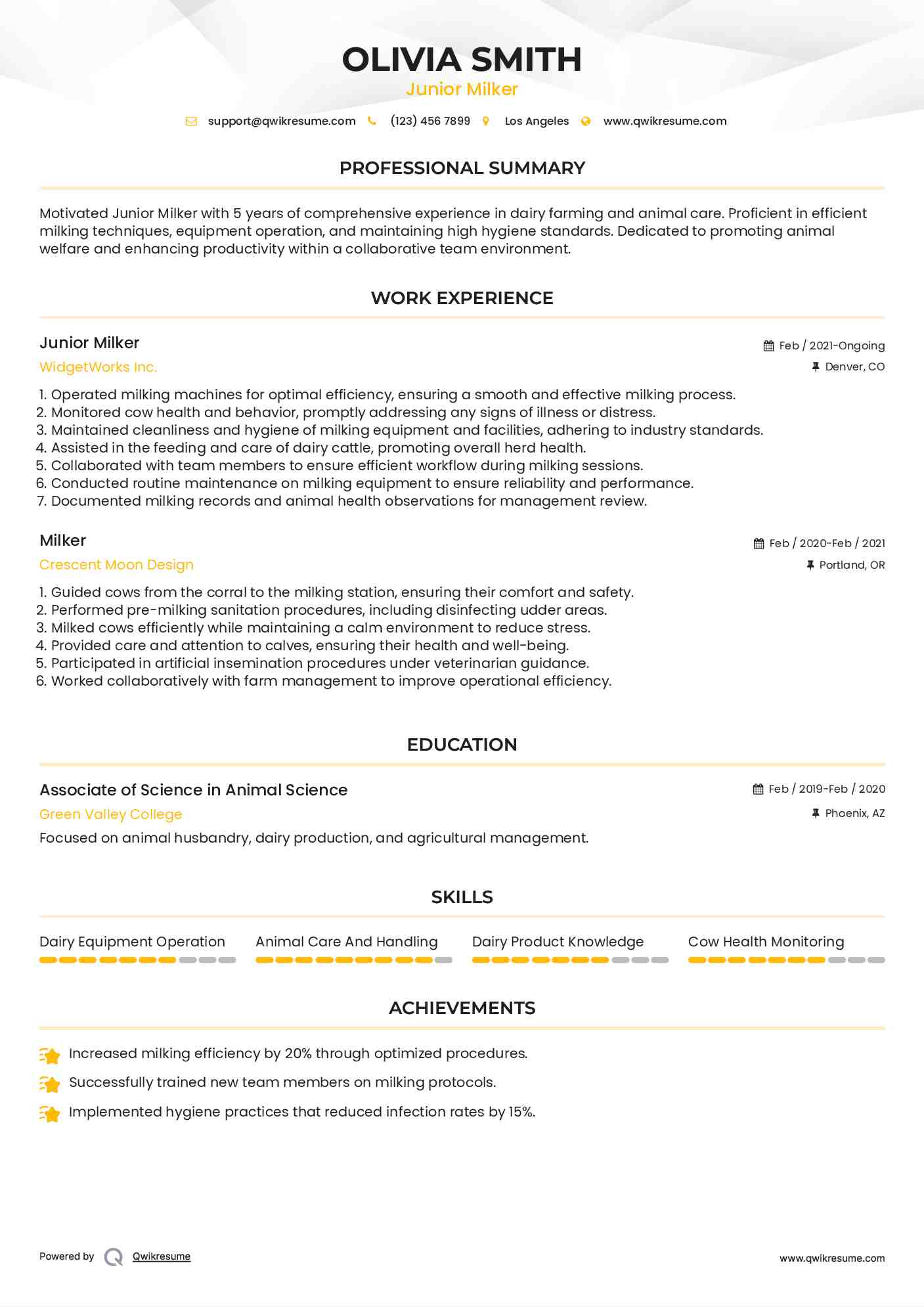 Junior Milker Resume Model
