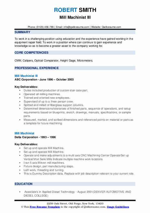 Mill Machinist Resume Samples QwikResume