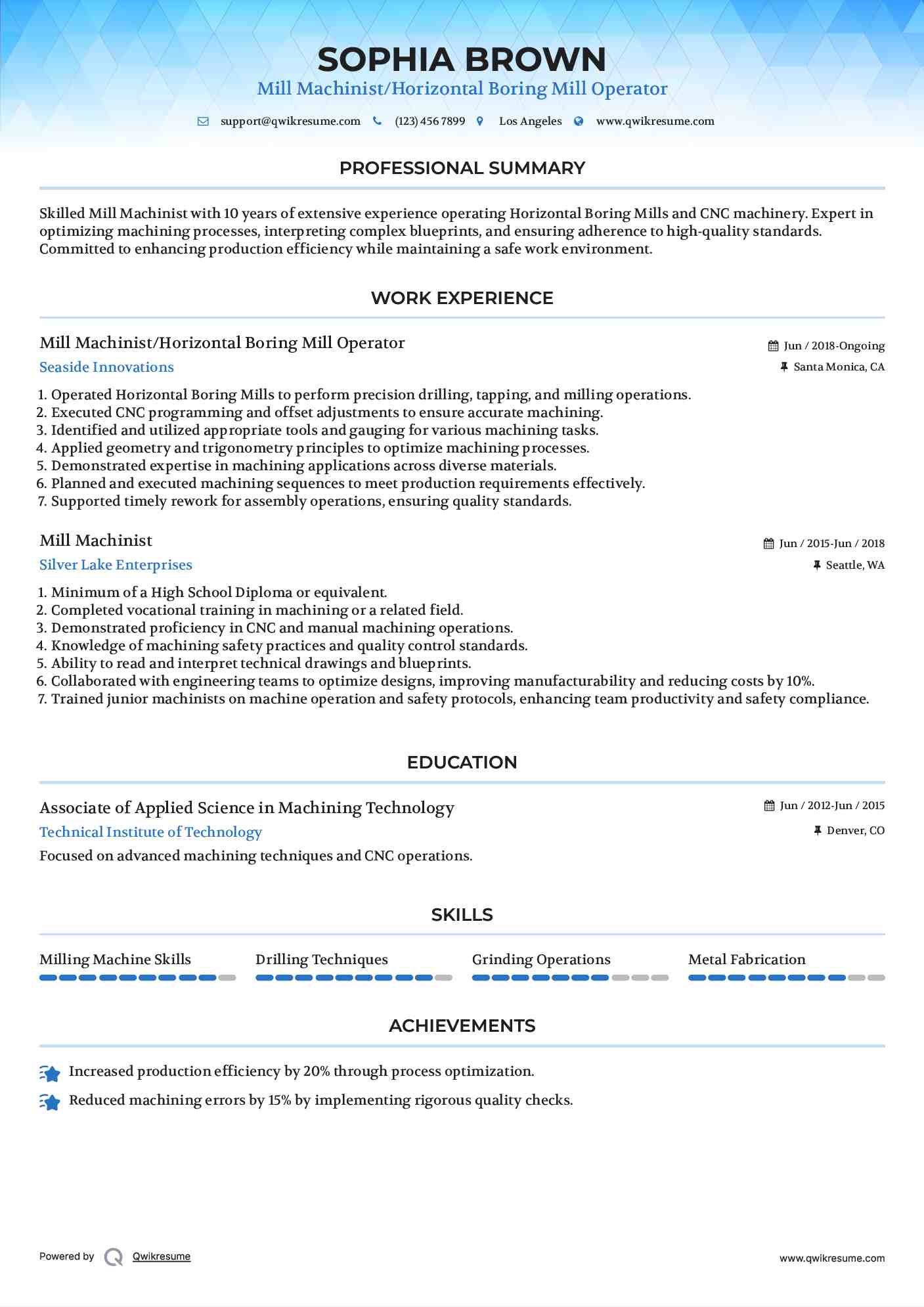 Mill Machinist/Horizontal Boring Mill Operator Resume Format