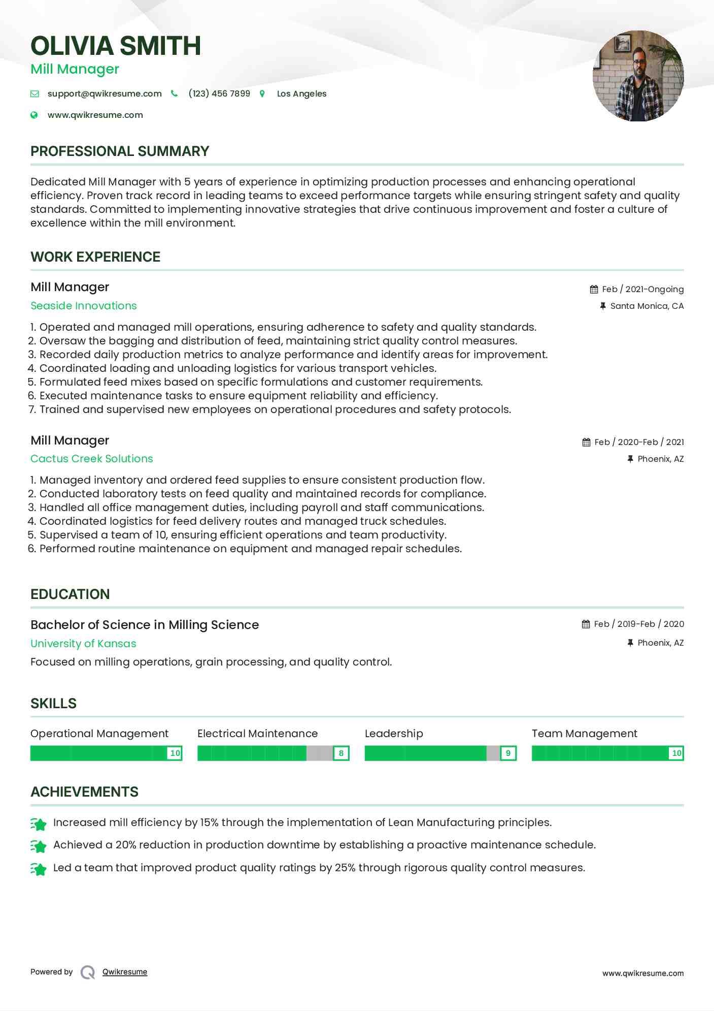 Mill Manager Resume Format