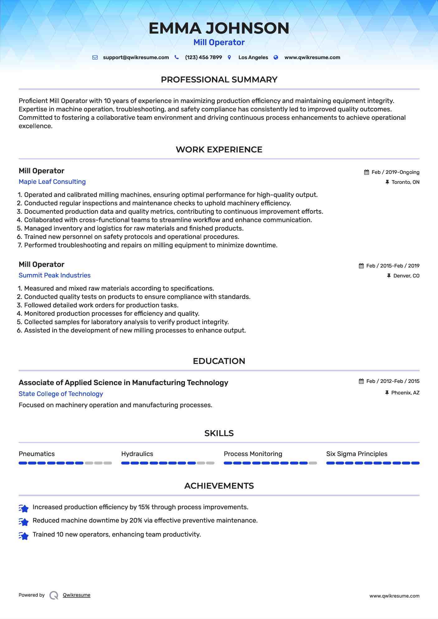 Mill Operator Resume Template