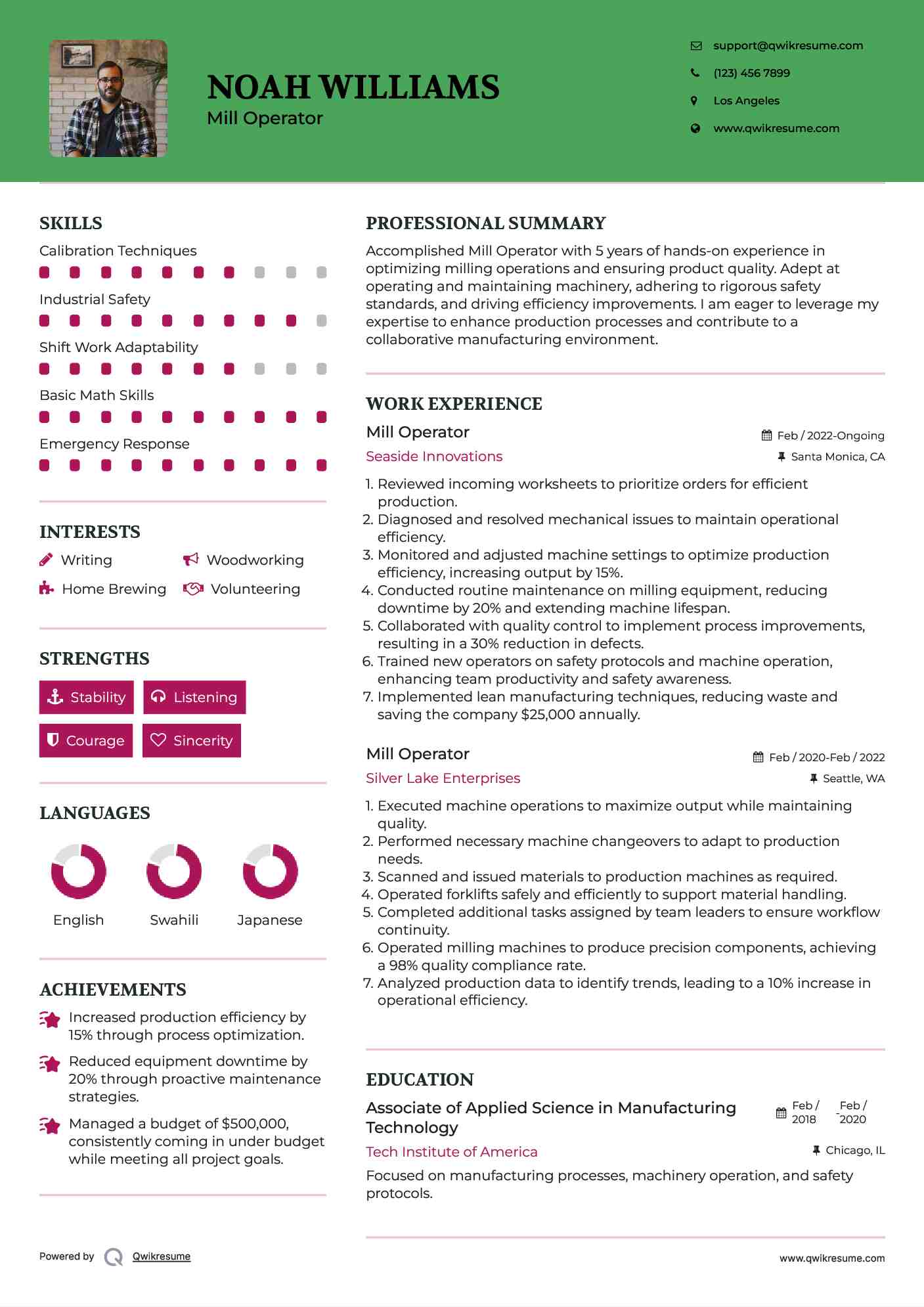 Mill Operator Resume Sample