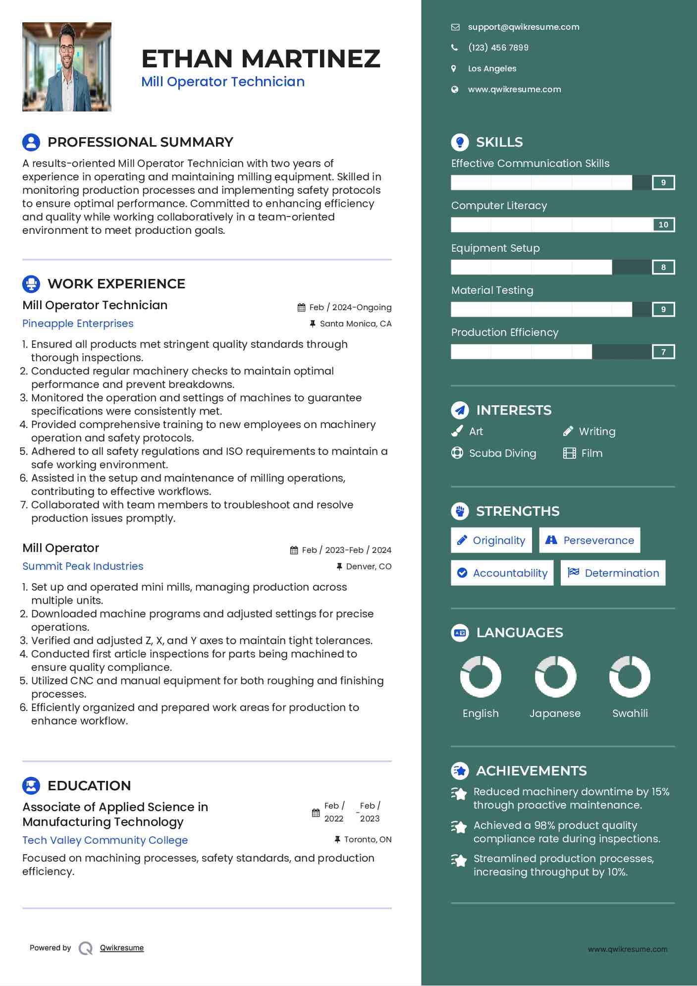 Mill Operator Technician Resume Sample