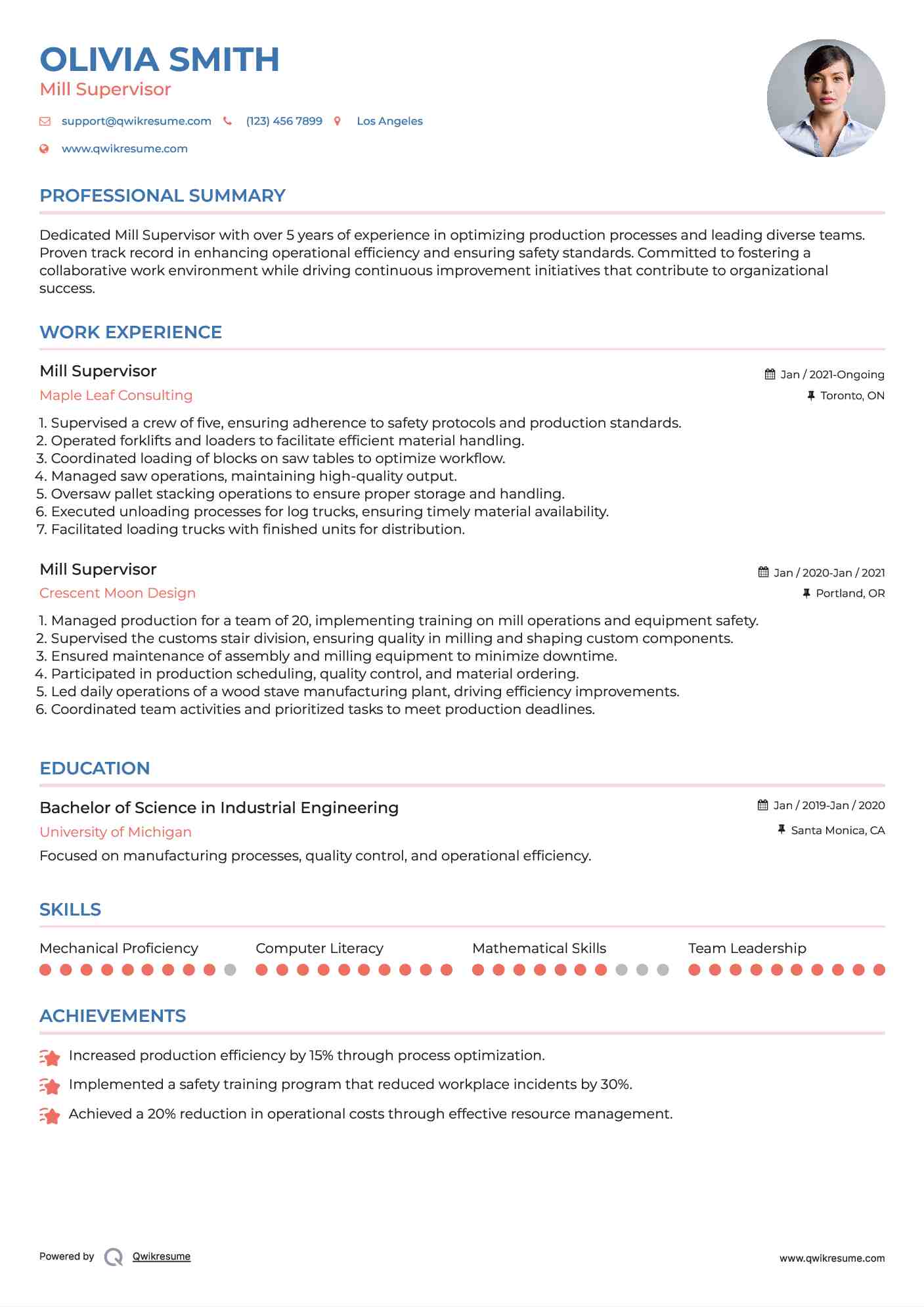 Mill Supervisor Resume Format