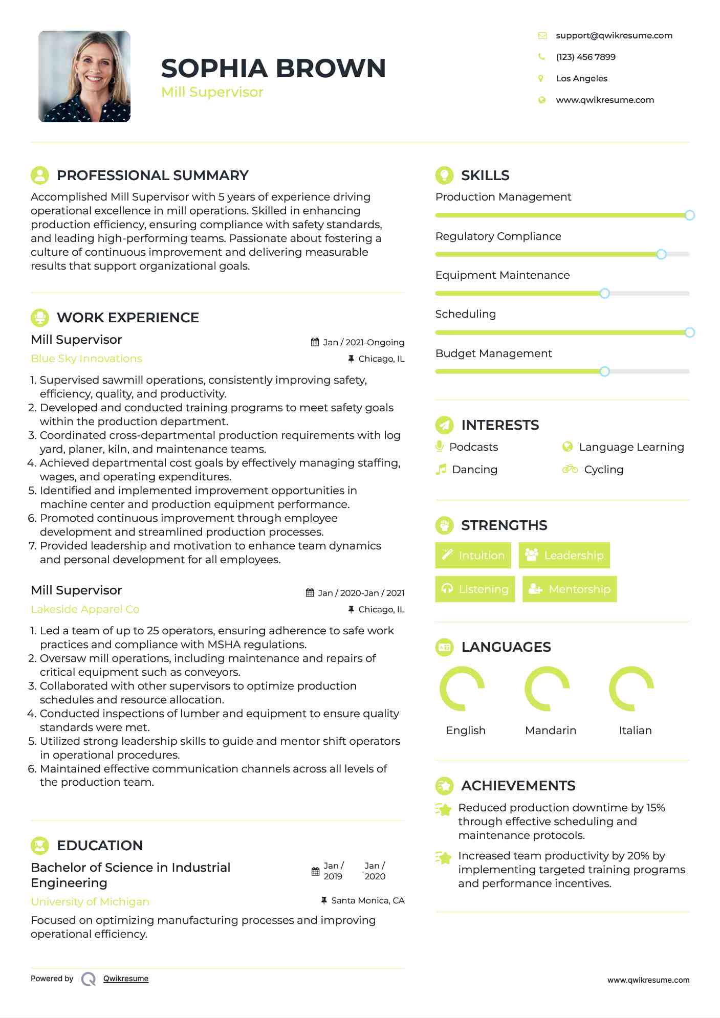 Mill Supervisor Resume Format