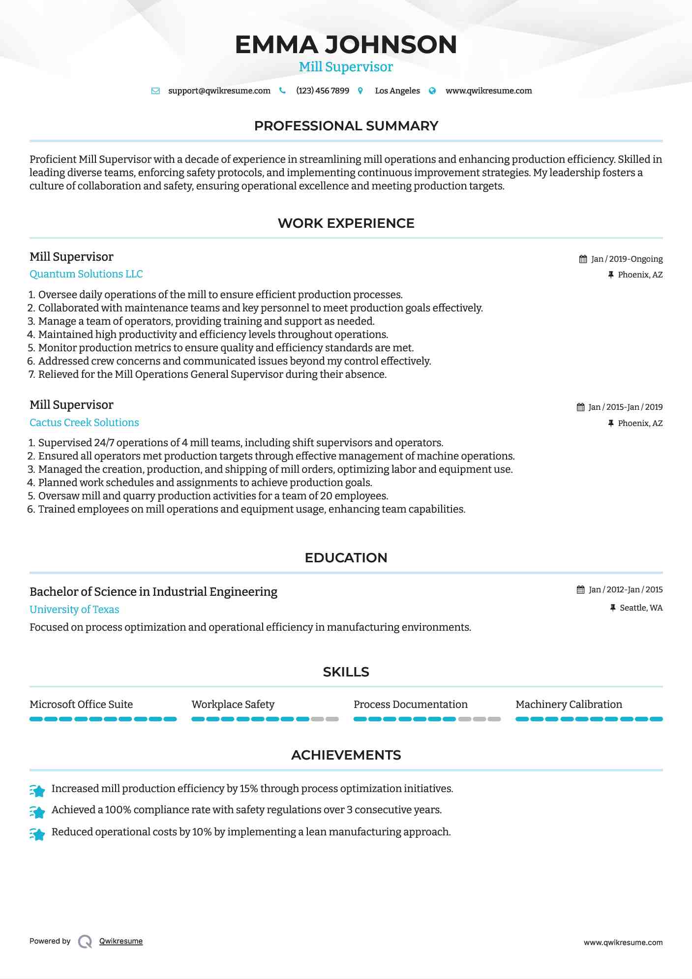 Mill Supervisor Resume Template