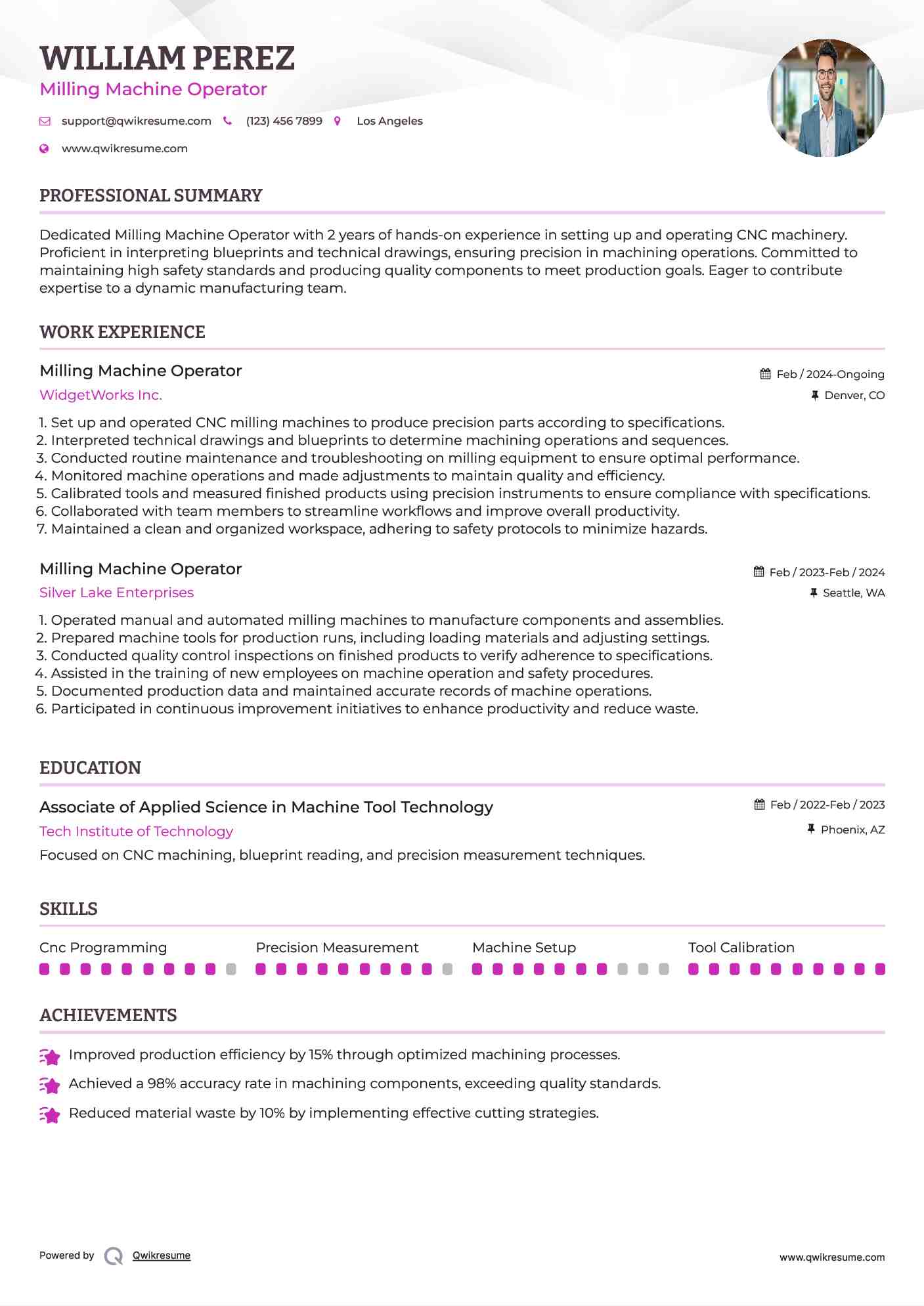 Milling Machine Operator Resume Example