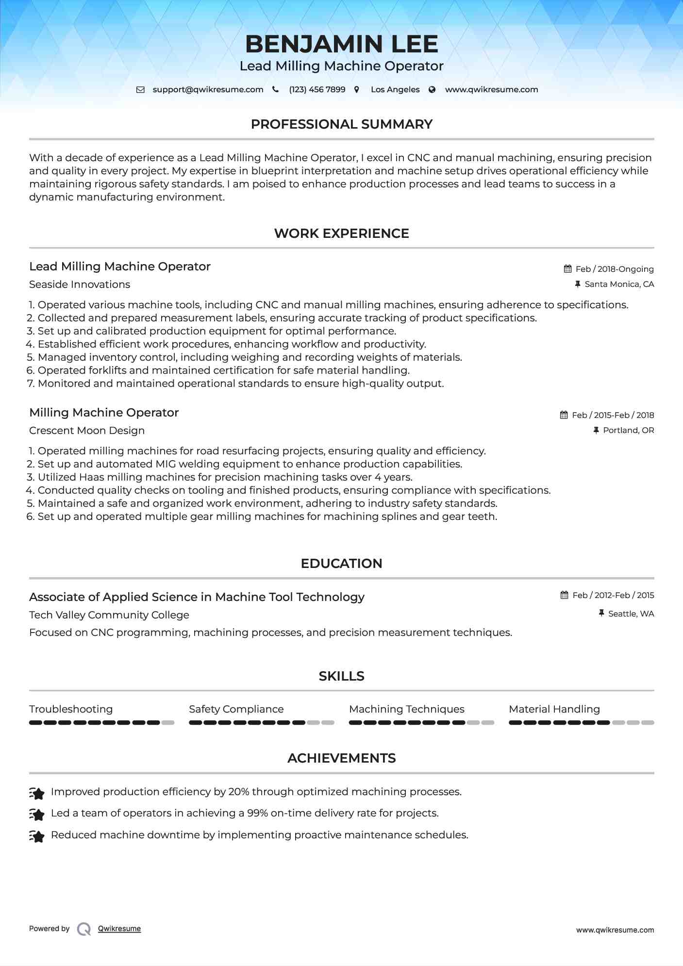 Lead Milling Machine Operator Resume Template