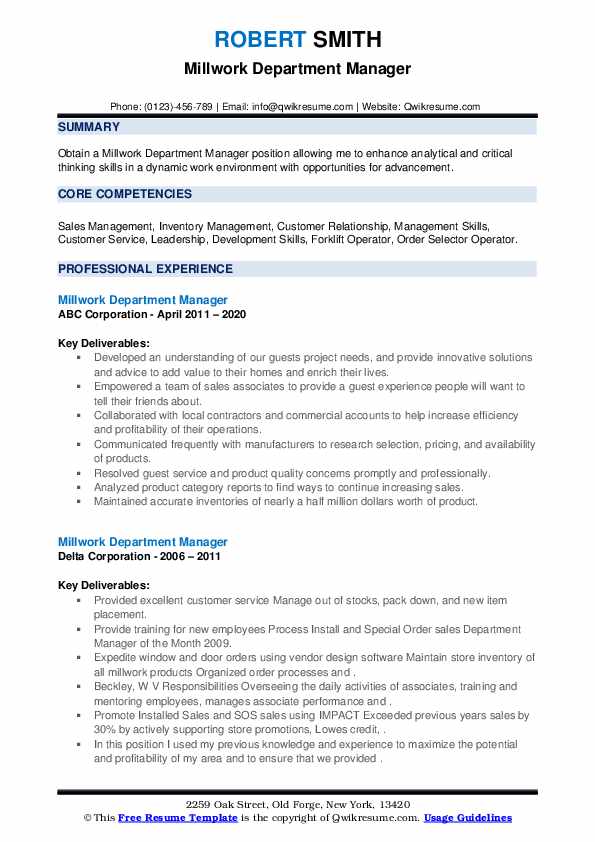 Millwork Department Manager Resume Samples QwikResume