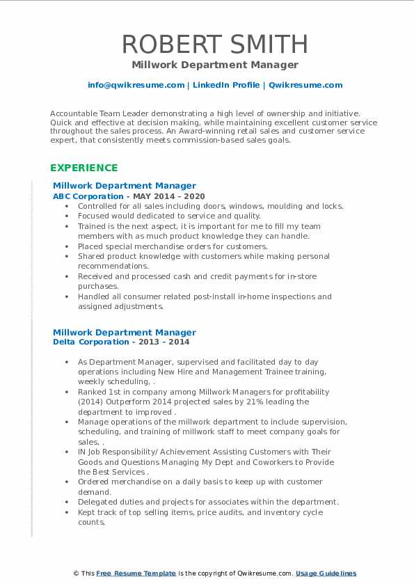 Millwork Department Manager Resume Samples QwikResume