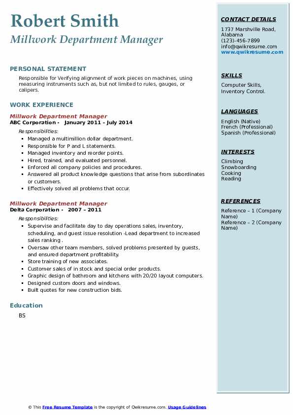 Millwork Department Manager Resume Samples QwikResume