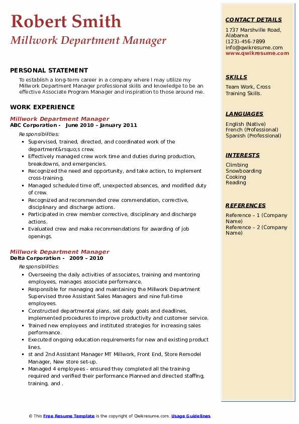 Millwork Department Manager Resume Samples QwikResume