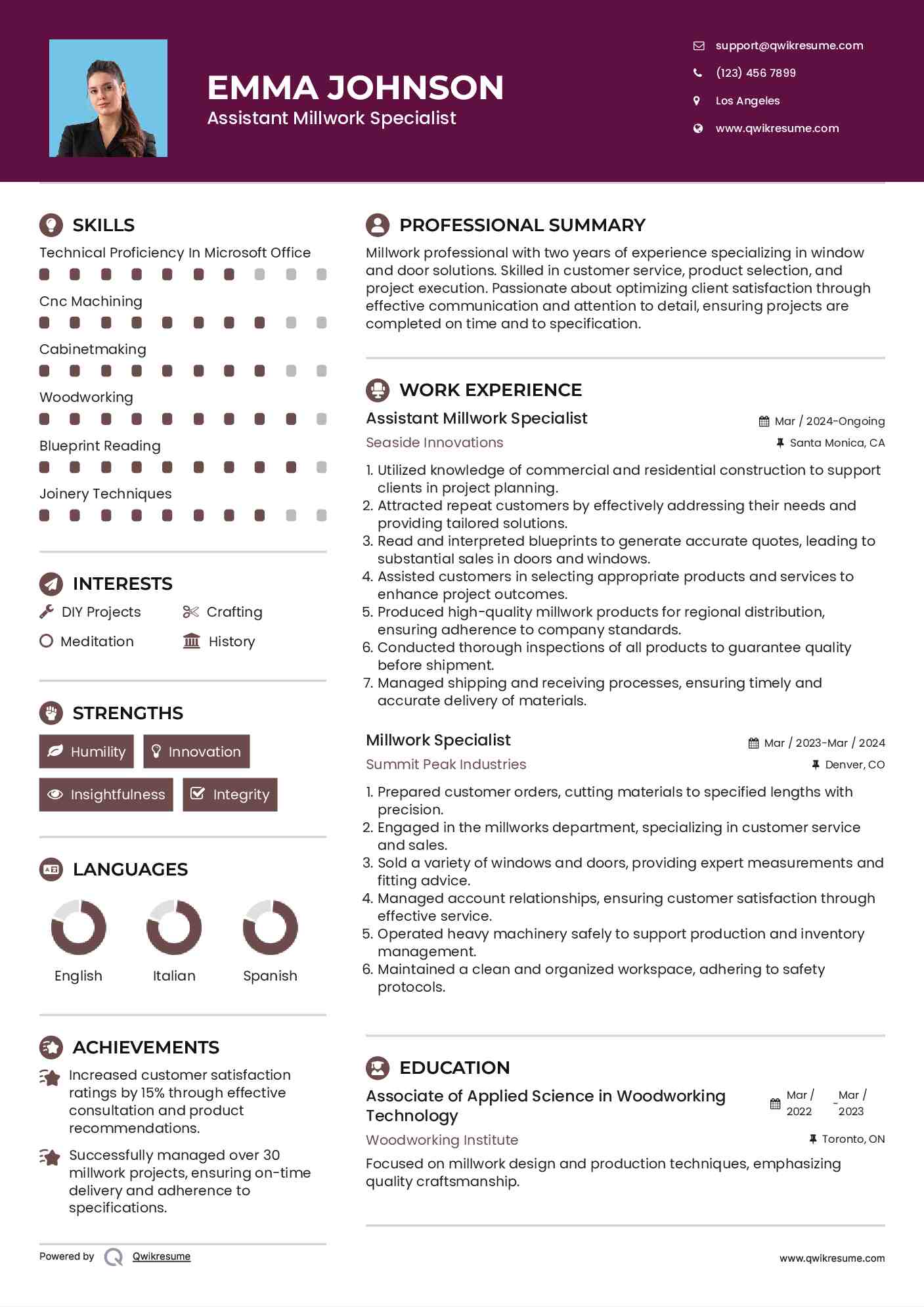 Millwork Specialist Resume Samples QwikResume