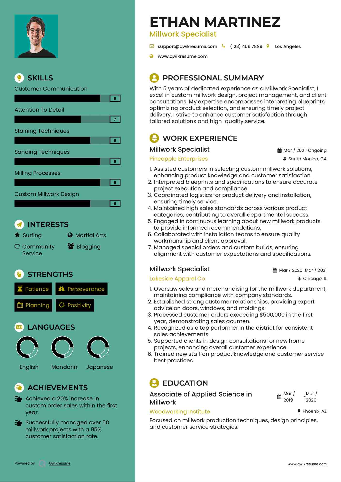 Millwork Specialist Resume Samples QwikResume