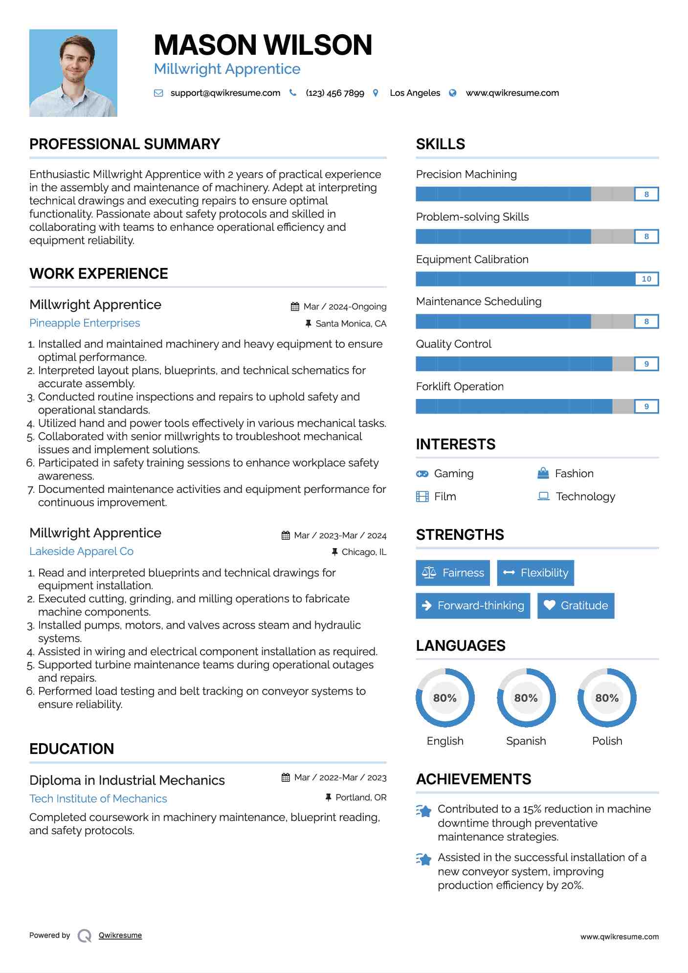 Millwright Apprentice Resume Example