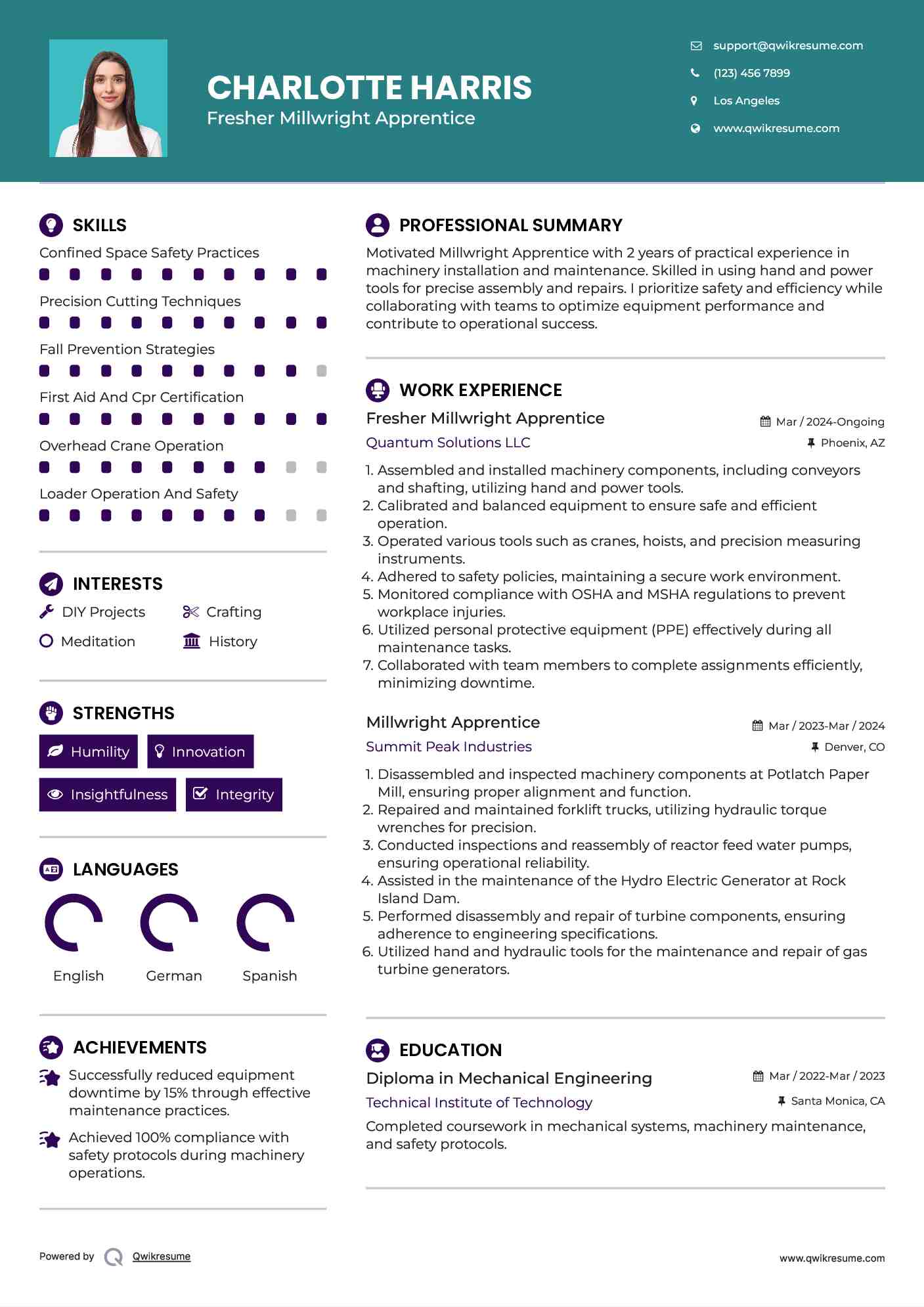 Fresher Millwright Apprentice Resume Example