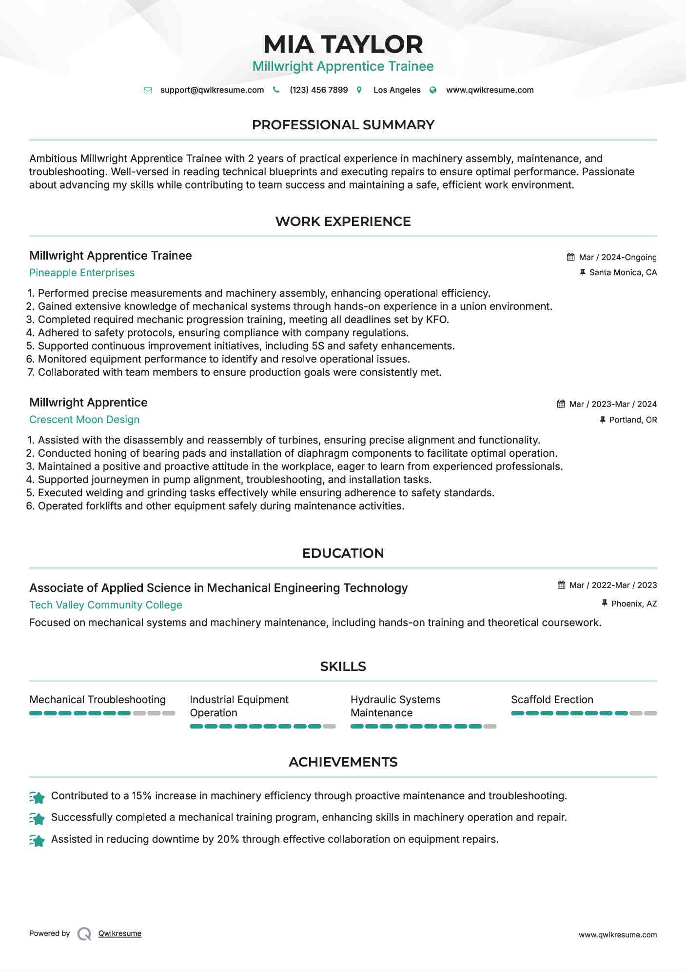 Millwright Apprentice Trainee Resume Model