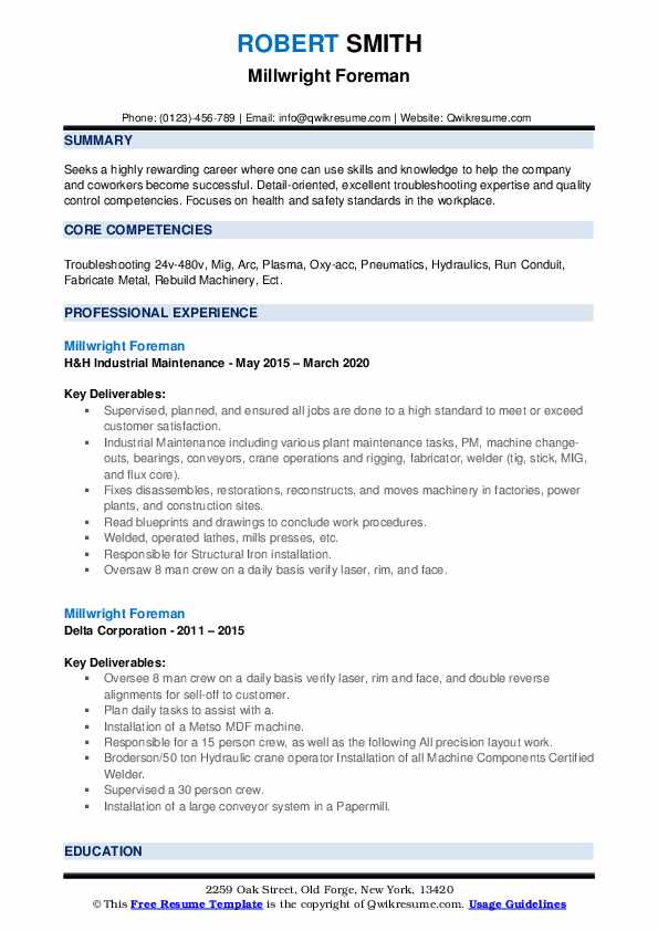 Millwright Foreman Resume Samples QwikResume
