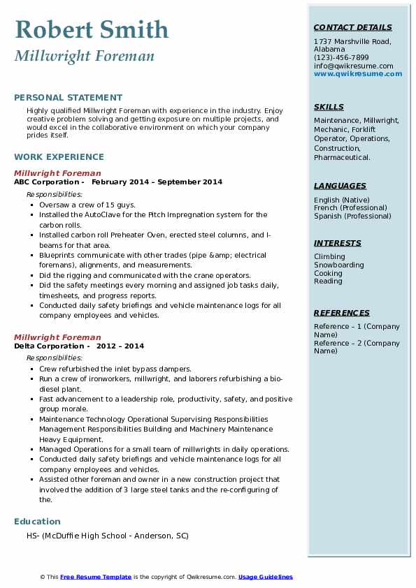 Millwright Foreman Resume Samples QwikResume