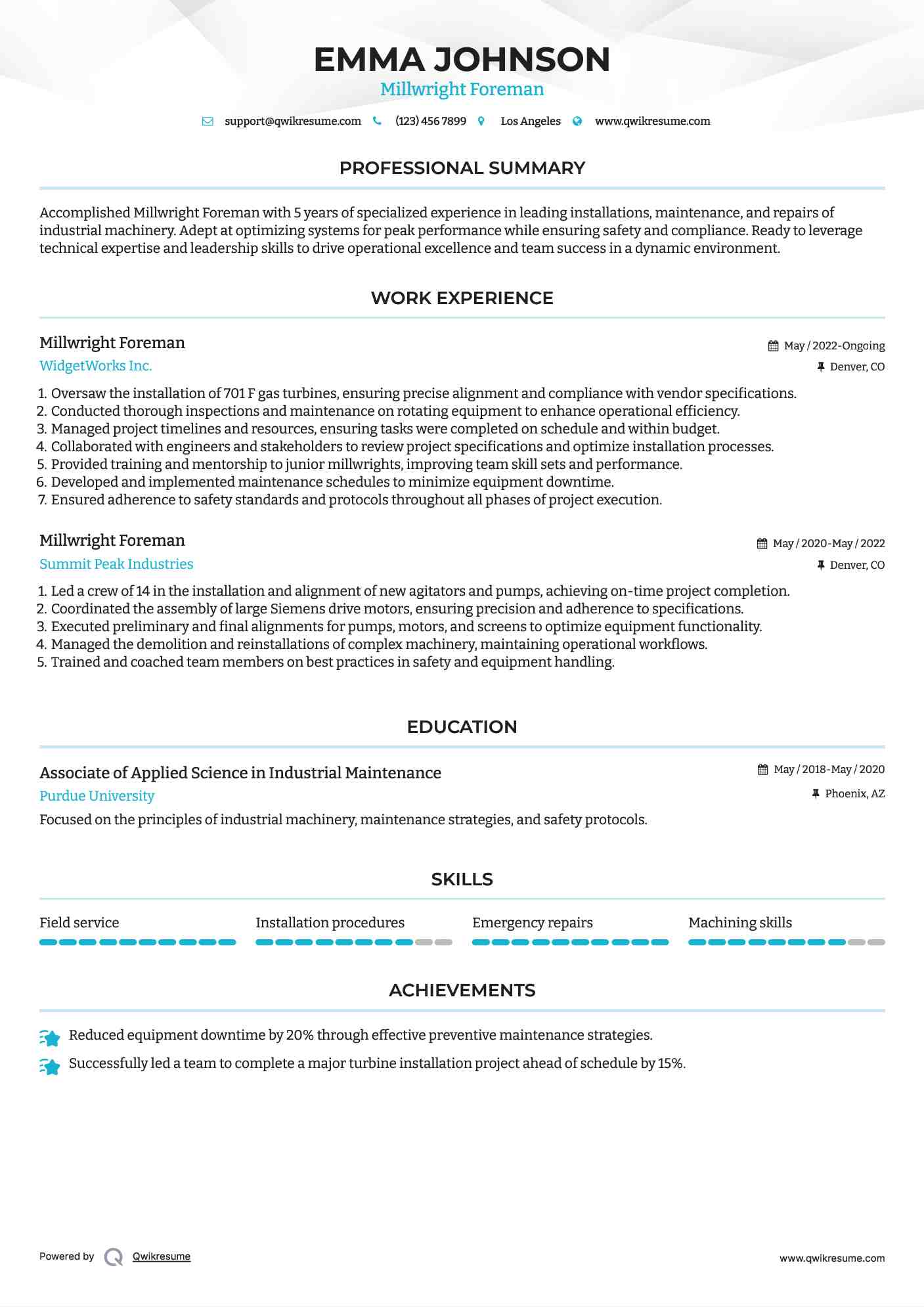 Millwright Foreman Resume Sample