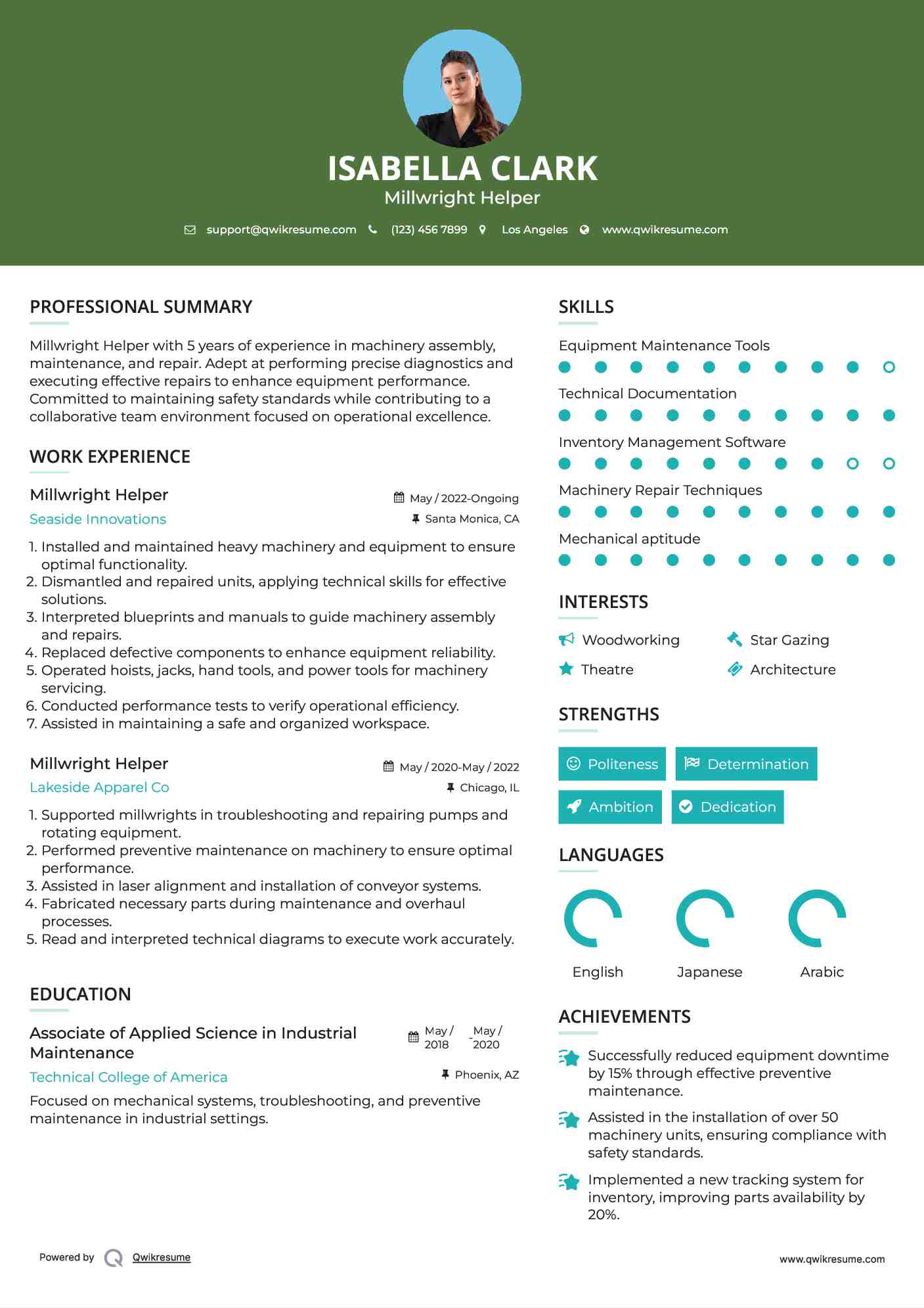 Millwright Helper Resume Example